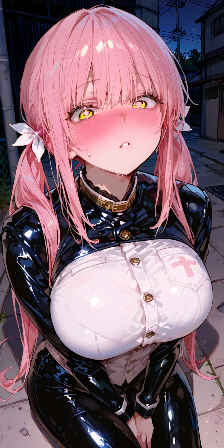 1girl, (((dark skin))), facing forward towards viewer, huge breasts, ((nipples)), ((bridal bodysuit clothing)), light facial blush, (pastel colors:1.5), (thighs to head in view), ((exposed breasts)), unblemished, ((chest facing towards viewer)), ((sweet nipples)), ((perfect nipples))