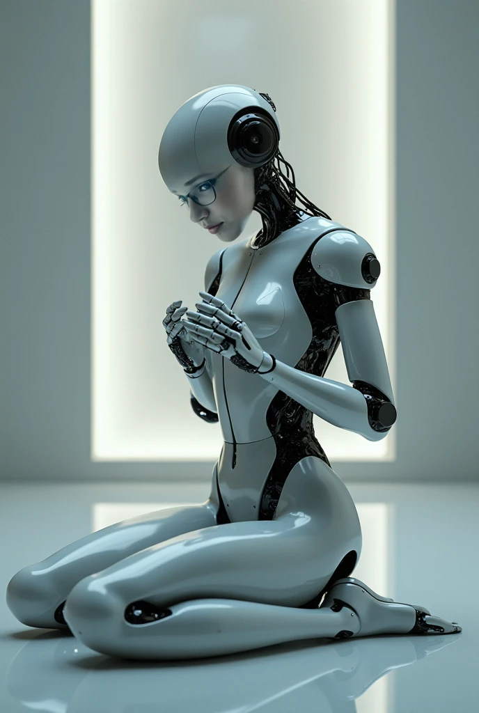 caravaggio painting; human doll; robotic articulations; the women is on her knees; beautiful women; futuristic;