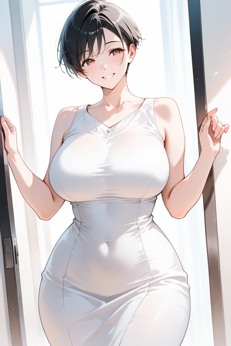 (((masterpiece, best quality, ultra highres, 1 girl, solo, no background))), super detailed skin and face and eyes and finger, beautiful japanese woman, small breasts:1.5, skinny, light brown hair, white background, very short pixie hair, cowboy shot, Generate with illustrations, Various expressions, Various poses, Please draw the entire character within the frame, ensuring that the head, arms, and legs are not cut off. The background should be simple, with the character positioned centrally, outline, anime, 2d, boyish, tiny micro sexy leotard, spread legs, embarrassed,