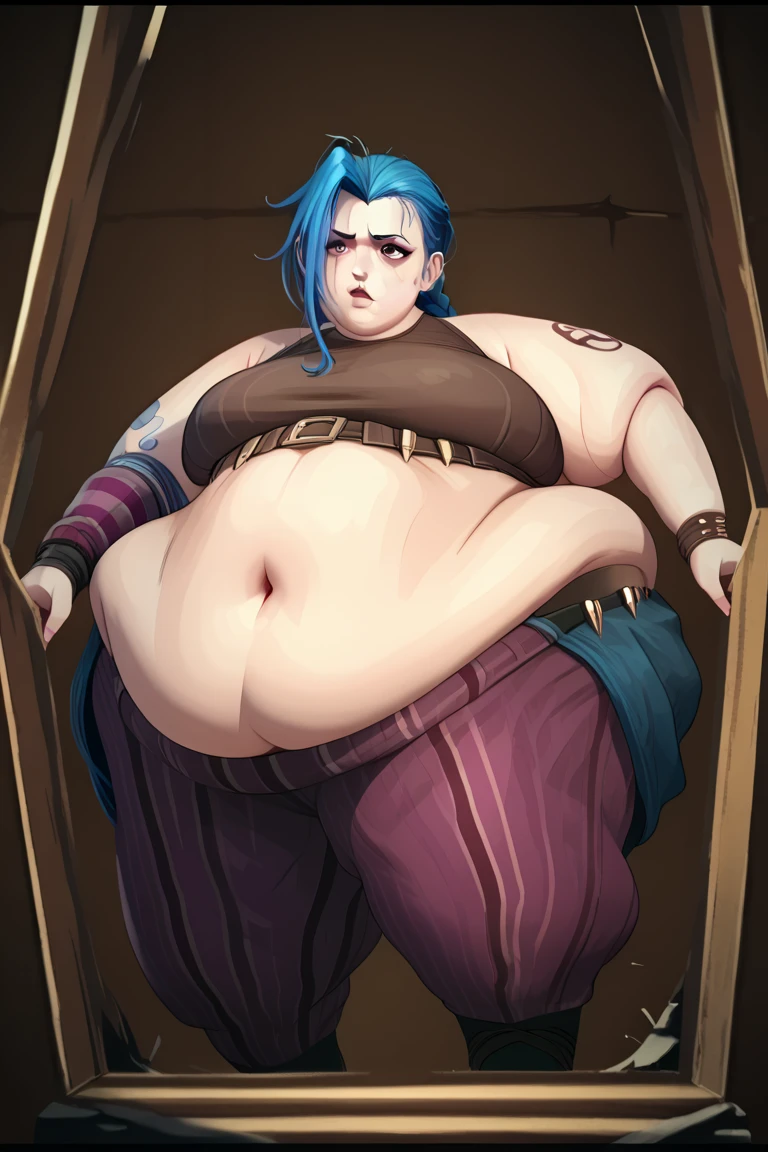 (Morbidly obese:1.1),modern house, Large smile, sinister smile, teeth, evil smile, r, 1girl, solo, breasts, gloves, blue hair, red eyes, torn clothes, spikes, shorts, braid, piercing, fingerless gloves, blu, belt, twin braids,, choker, large breasts, asymmetrical clothes,blurry, jewelry, shoulder armor, ear piercing, earrings, single pauldron, navel, female, looking at viewer, cleavage, short shorts, midriff, cowboy shot, crop top, asymmetrical gloves, lips, day, denim shorts, black gloves, denim, single pantsleg, standing, single fingerless glove, cutoffs, lip piercing, single sleeve, fishnets, pantyhose, spiked choker, pauldrons, single glove, scar, dark skin, bedroom
Round face, double chin, fat chin, fat cheeks, fat neck, round face, SSBBW, flabby arms, round face, double chin, fat double chin, big double chin, fat neck, chubby cheeks, fat thighs, fat calves, morbidly obese, flabby , giant , large belly, obese, fat face, belly, double chin, obesity, flabby breasts, fat arms and legs, fat everything,
