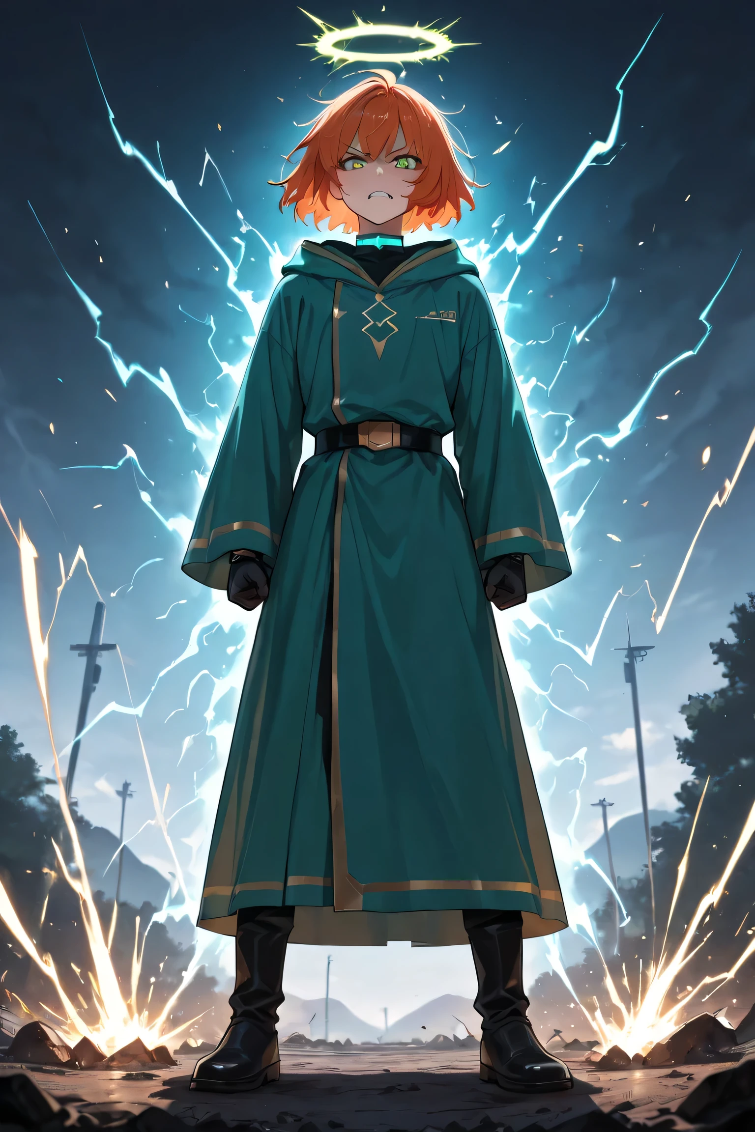 Score_9, Score_8_up, Score_7_up, solo, Taylor-Askew, Femboy, BREAK, Orange hair, messy hair, short hair, tousled hair, BREAK , teal wizard robe, light blue collar, Light green eyes, angry sneer, BREAK, ((standing, full body)), electric aura, electricity, sparks, aura, ((electric halo, halo, sparks in halo, halo leaking electricity, electricity halo)) detailed nature background, intense lighting, dynamic lighting