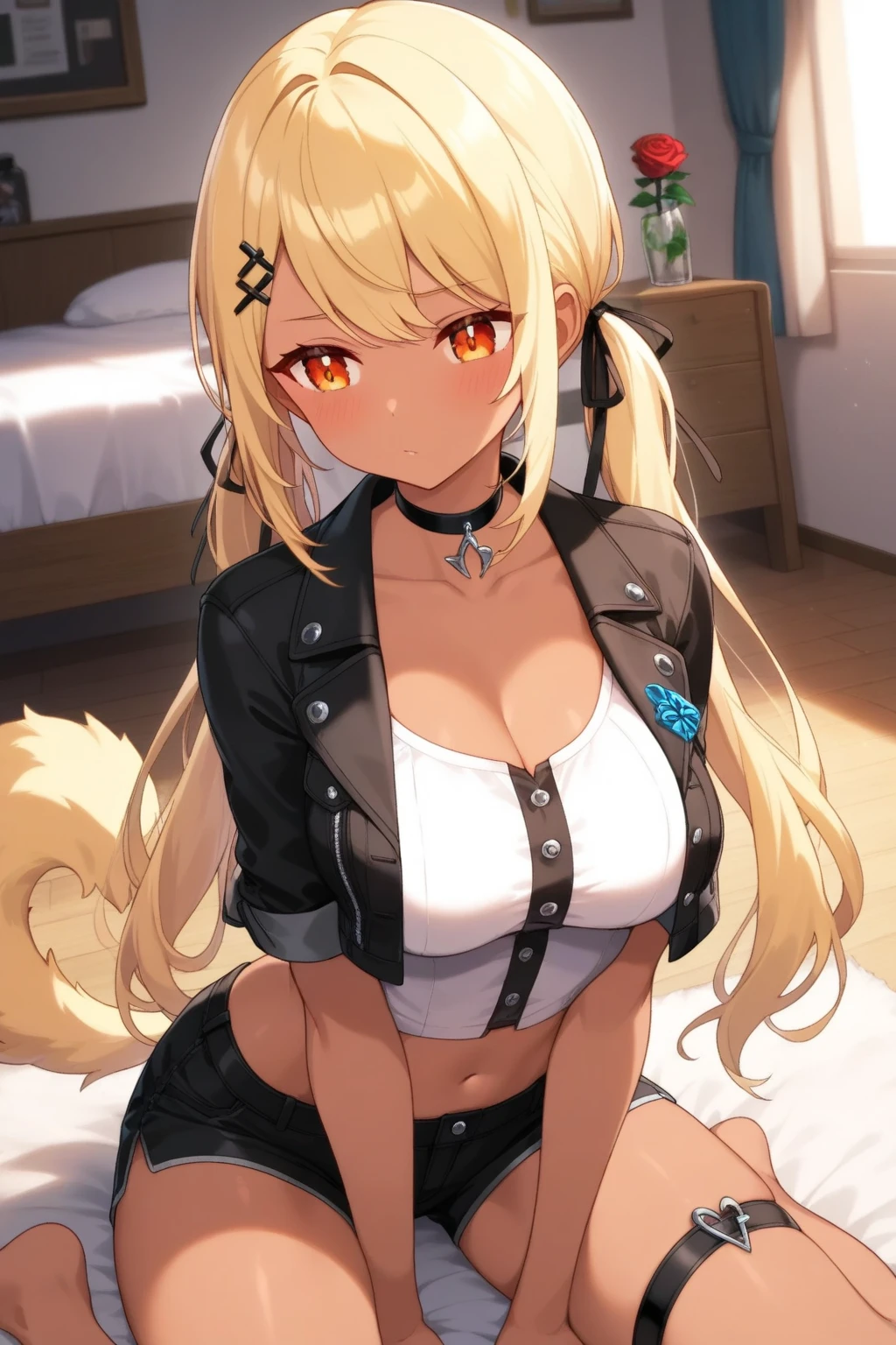 masterpiece, highest quality, High resolution, If necessary, Long Hair, Ahoge, Animal ears, Fox's Tail, chest, clavicle, Off the shoulder,No pants, barefoot, Are standing, smile, Completely naked,Pink Stripes々Bra and panties
