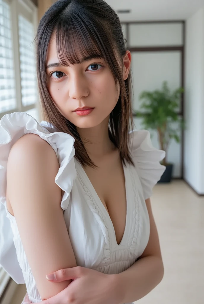 8k, masterpiece, RAW photo, best quality, photorealistic, extremely detailed CG unity 8k wallpaper, Depth of field, Cinematic Light, Lens Flare, Ray tracing, (extremely beautiful face, beautiful lips, beautiful eyes), intricate detail face, ((ultra detailed skin)) 1girl, in the dark, deep shadow, pretty asian girl, ((looking at viewer)), (blurry background), (pretty girl), clear eyes, extreme long shot, (pale skin), face forward, (big eyes), large breasts, (masterpiece, best)), (1girl), (midday at Park) bangs, mid-chest, (full), slim, exciting face, [wide hips], Bare shoulders, Full body, tank top with short skirt.
