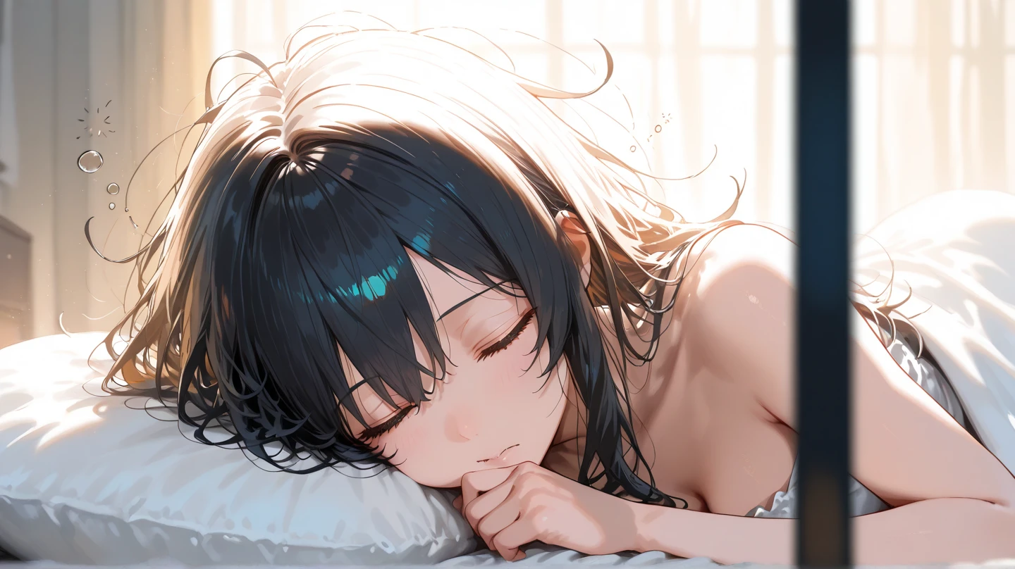 ((Highest quality)), ((masterpiece)), (detailed),((nymph)),10 years old, Black Hair,(Childish face), (Straight Hair), Girl ,Medium Breasts , ((Sleeping)), ((Close your eyes)) , ((Naked)),((topless)), Are sleeping, Lying on your back, ((Inside the room)), ((ruins)), In the ruins ,Lying Down ,