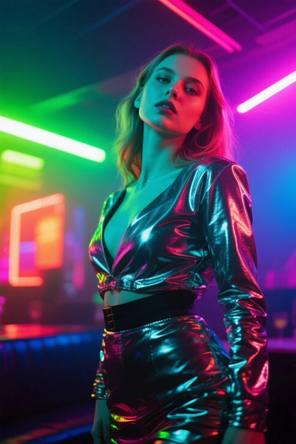 Por favor, gere uma imagem de uma DJ feminina perfeitamente integrada com equipamentos de mixagem de ponta em uma boate com tema cyberpunk. A boate deve ter um visual futurista, neon-lit environment with holographic displays and elements of urban decay. O DJ deve estar no centro da imagem, Skillfully manipulate the equipment with a dynamic pose. Your costume and appearance should reflect the cyberpunk aesthetic, com roupas futuristas, cabelo neon, and cyber enhancements, If possible. Toda a cena deve exalar uma alta tecnologia, dystopian atmosphere.