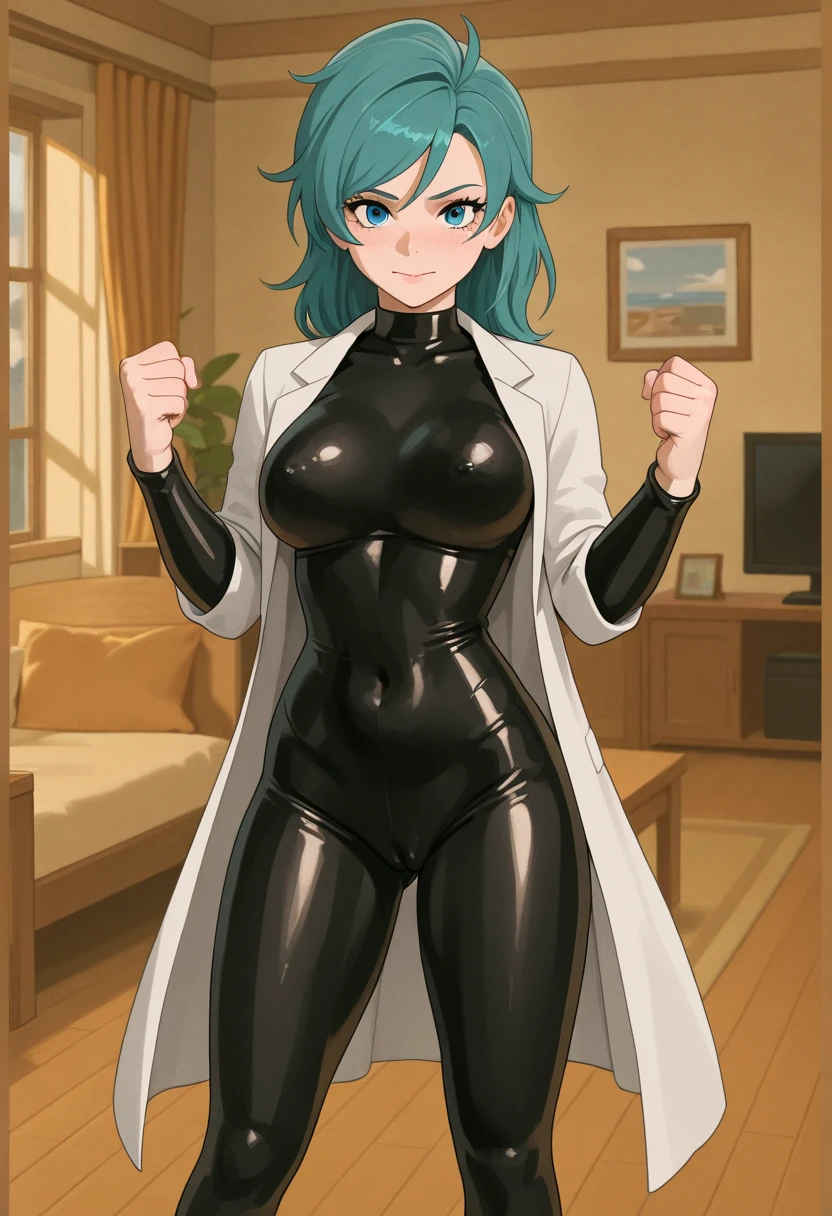 (masterpiece, best quality:1.2),((photoreal:1.1)),perfect anatomy,((solo:1.5)), ((alone:1.5)),((1 middle age woman:1.5)),Integra,((black skin:1.3)),perfect eyes,((looking at viewer:1.4)),((horizontal angle)),((straight-on:1.4)),((view from front:1.4)),shooting from front,lighting from front,((small breasts:1.3)),((aged sagging small breasts)),muscular,((do not hide your crotch:1.4)),((coral cod lips)),((squatting:1.3)),((spreading your legs wide:1.3)),((hands on hip bone:1.4)),(holding your head high),delicate and beautiful,((detailed hair)),long hair,dark silver hair,((bare arms)),((bare shoulders)),BREAK ((light blue jumpsuit:1.2)),high heel,glasses,whole body tights,