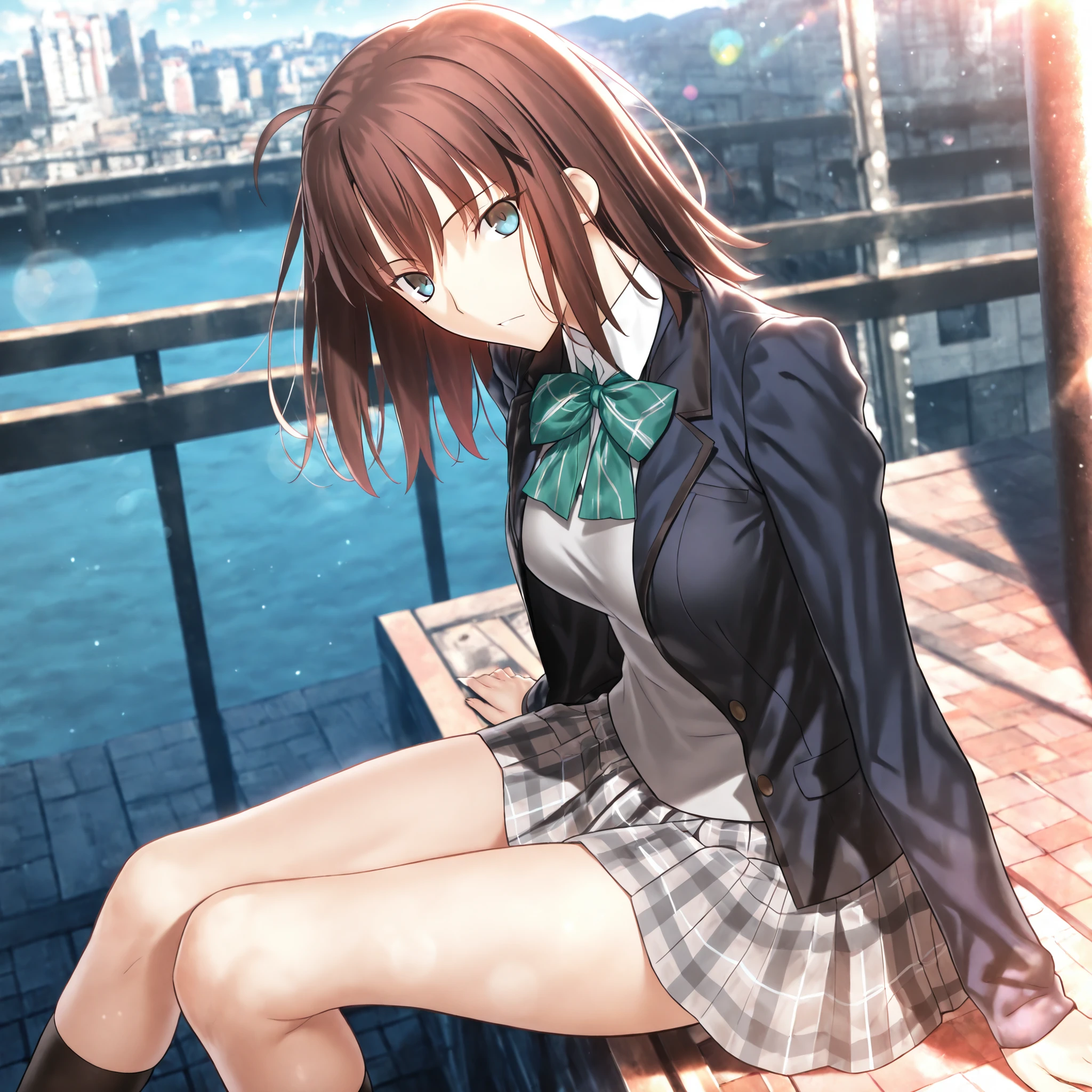 masterpiece, , absurdres, highres, detailed background, high resolution, masterpiece, necessary, detail, best quality, quality, necessary, details, High details, Precise, 8k, outdoors,(colorful light particles, powder light,),day lens flare, blurry background, from side, from above,
1girl, Takeuchi Takashi (type-moon,tsukihime) style, takeuchi takashi style, (aged up),(sky), sitting,((very long thighs)),
very tall girl, (slender body, slim arms, slim bod), solo, head tilt,
sajouayaka (Fate_Prototype), dark brown hair, medium hair, blue eyes, half-closed eyes,(tsurime),bangs, hair between eyes, ahoge, ,(school uniform ,dark blue open jacket ,gray sweater, white undershirt ,grey brown skirt, pleated skirt, plaid skirt),socks,(medium breasts),(looking at viewer),((green bowtie)) ,, , ,