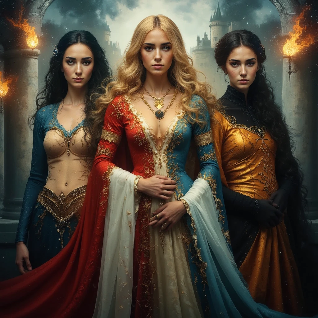 Gothic drawing of Daenerys Targaryen actresses along with Rhaenyra Targaryen and Rhaenys Targaryen in ancient Valyria, behind them the dragon Balerion the black terror