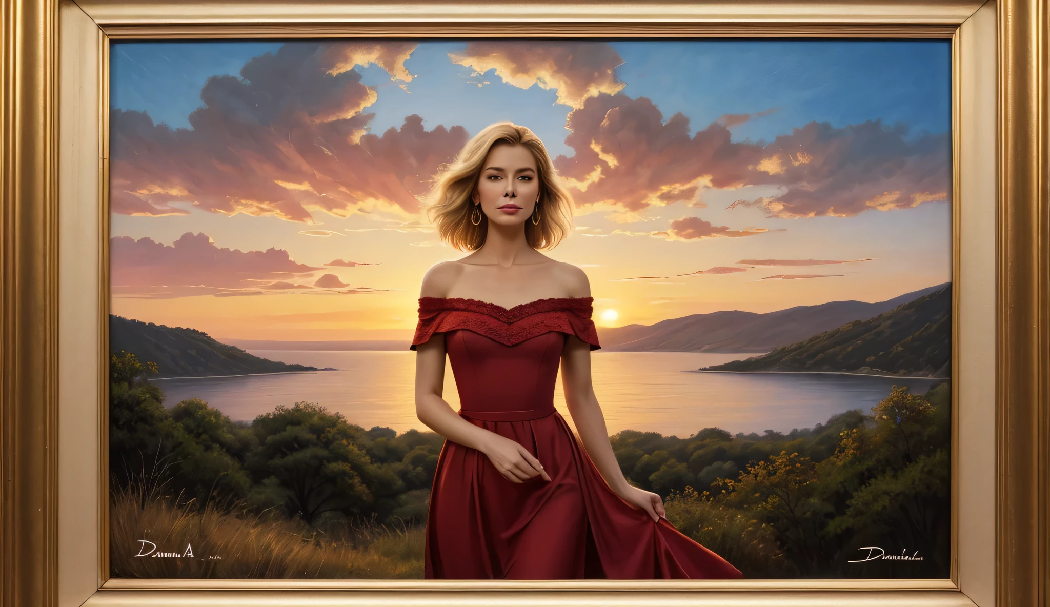 A traditional vintage-style oil painting of a graceful blonde woman inspired by Dana Winner, standing against a glowing sunset sky in warm orange and crimson hues. She wears an elegant, off-shoulder cream gown with soft textures and a delicate brooch. The mood is serene and romantic. The text "Dana Winner" is positioned in the upper right corner in a classic serif font, and "Woman in Love" is centered at the bottom, large and prominent, also in serif style. The aspect ratio is 16:9, with a nostalgic, 1980s-inspired artistic aesthetic.