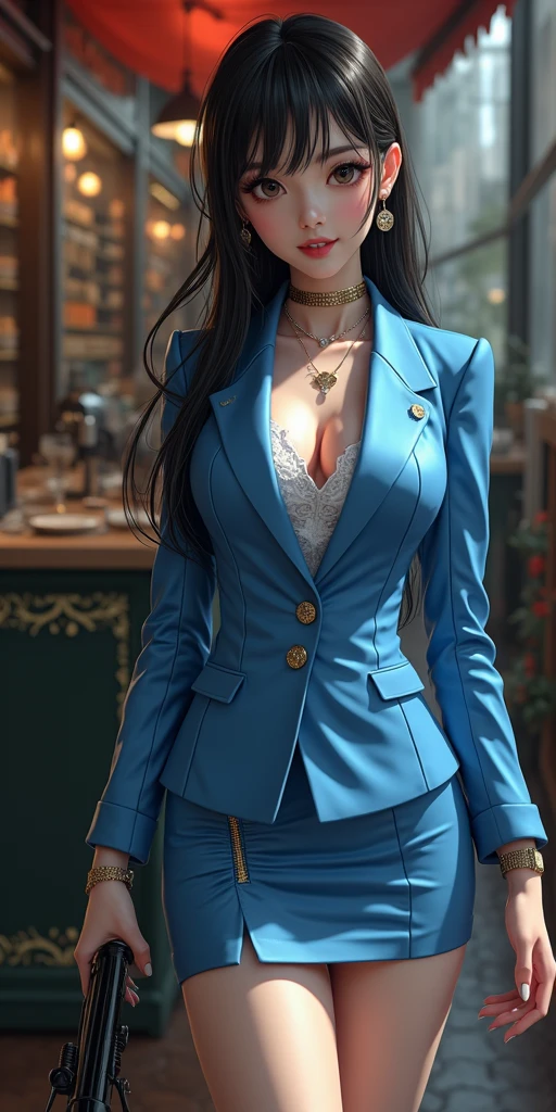 Gorgeous female gangster, pinstripe suit, navel, cleavage, full body shot