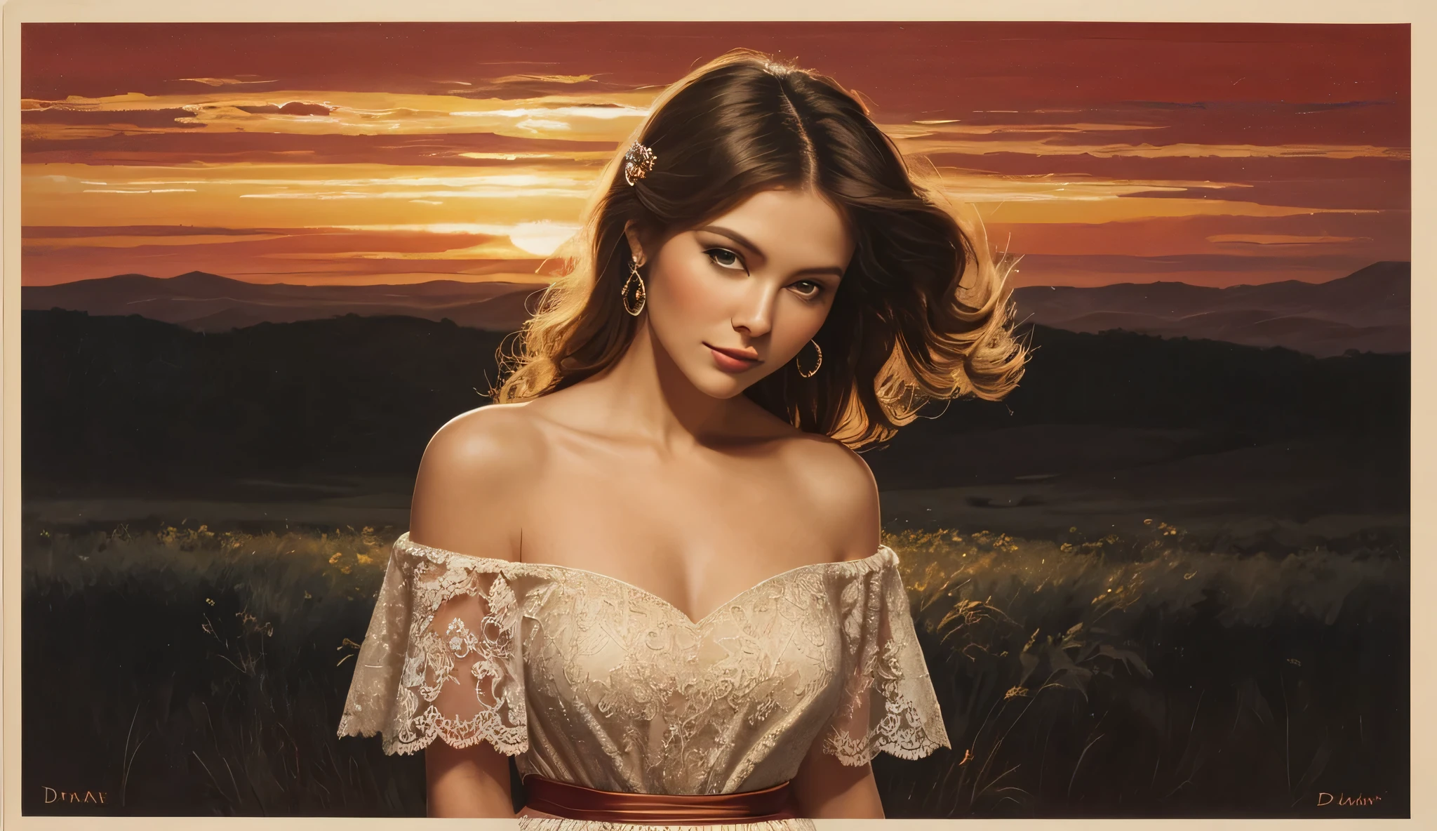 A traditional vintage-style oil painting of a graceful blonde woman inspired by Dana Winner, standing against a glowing sunset sky in warm orange and crimson hues. She wears an elegant, off-shoulder cream gown with soft textures and a delicate brooch. The mood is serene and romantic. The text "Dana Winner" is positioned in the upper right corner in a classic serif font, and "Woman in Love" is centered at the bottom, large and prominent, also in serif style. The aspect ratio is 16:9, with a nostalgic, 1980s-inspired artistic aesthetic.