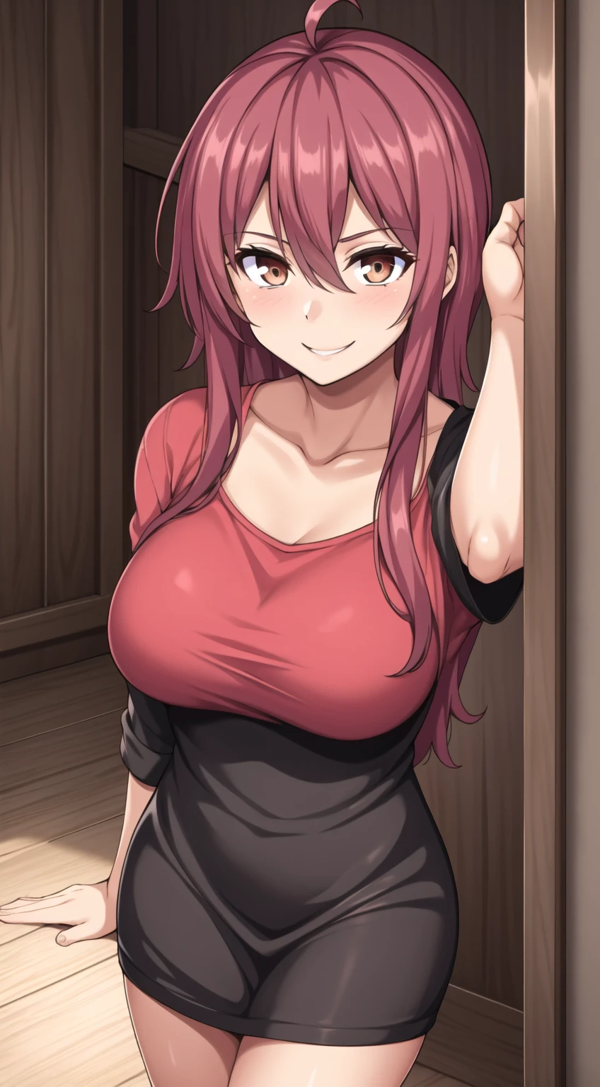 pink-hair red-hair,red-eyes,milf,Droopy eyes.chin mole、big-breast,35-year-old woman、milf、Red ruffled shirt、Black ruffled skirt、、long-hair,straight-hair,standing、red-lips-makeup,、whole body、Plump legs,独奏,Knitted clothing、lace-black-pantyhose,standing,from-below-shot,standing