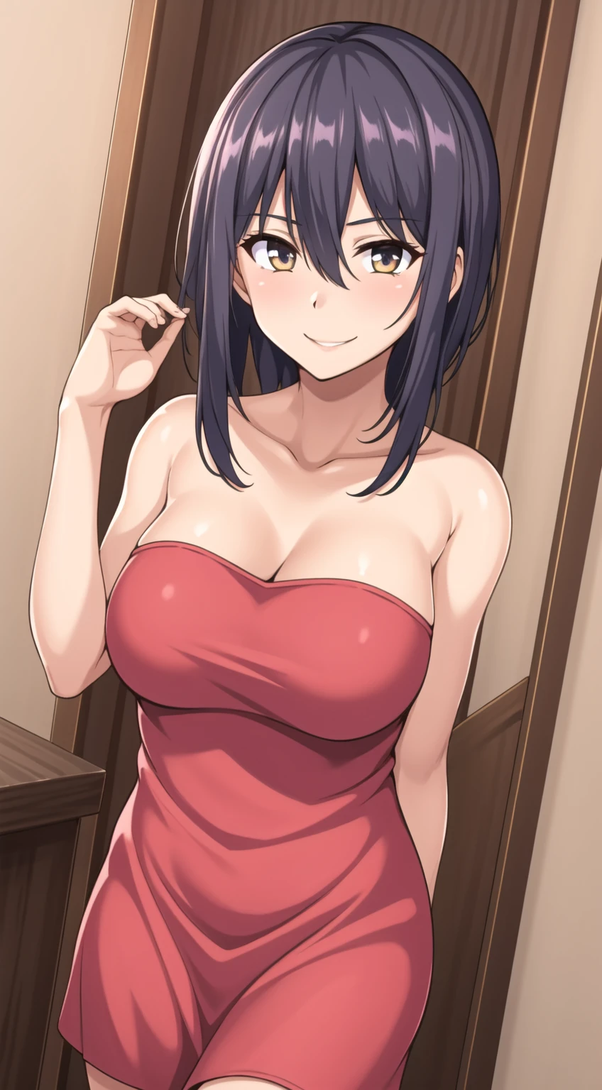 (1 girl, standing alone), best qualityer, work of art, (leaning over:1.4), 1 girl, yuzuriha_(jigokuraku), cabelo roxo, eyes browns, neckleace, breasts small, cowlick, medium hair, separate breasts, seducing smile, (blush:1.1), Japanese exterior, class room, Linda pose