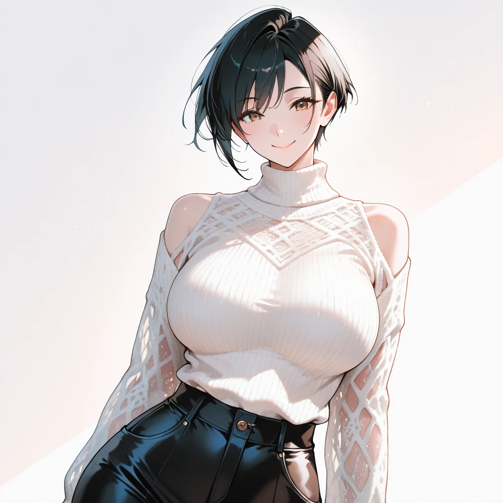 (8K、highest quality、masterpiece:1.2)、Super detailed、super resolution、Realistic、(1girl) 、(black hair)、short hair。,black eyes、(face focus,cowboy shot),(black sweater: 1.3,white panties)、(grin:1.3),open mouth、cute face,blush、large breasts,(simple background),
