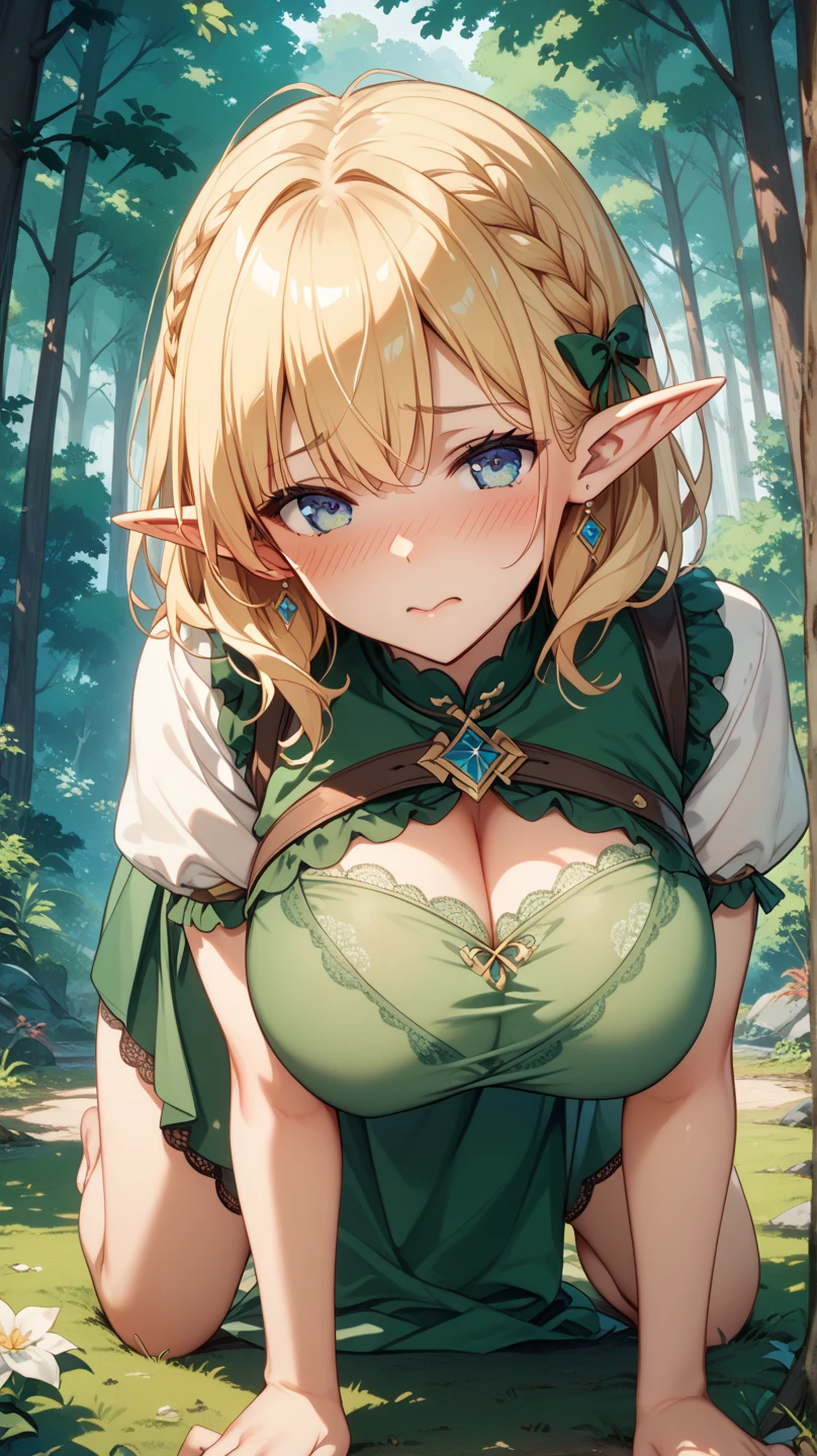 Elf beauty、(Half an eye:1.2)、From diagonally ahead(blush:1.3)、whole body、Big Breasts Nipples、Smile,in the forest