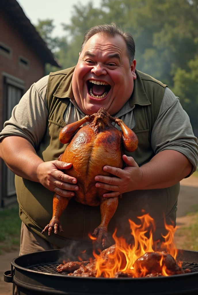Shirtless muscular man, eating a big roasted chicken in the favela