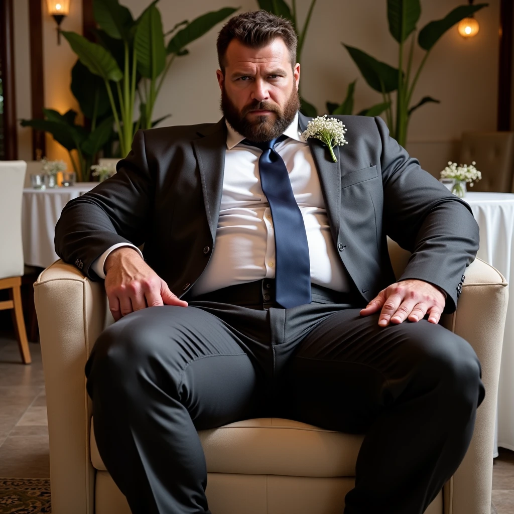 Middle-aged man in suit with fat beard，Tied to a bed，The crotch is raised