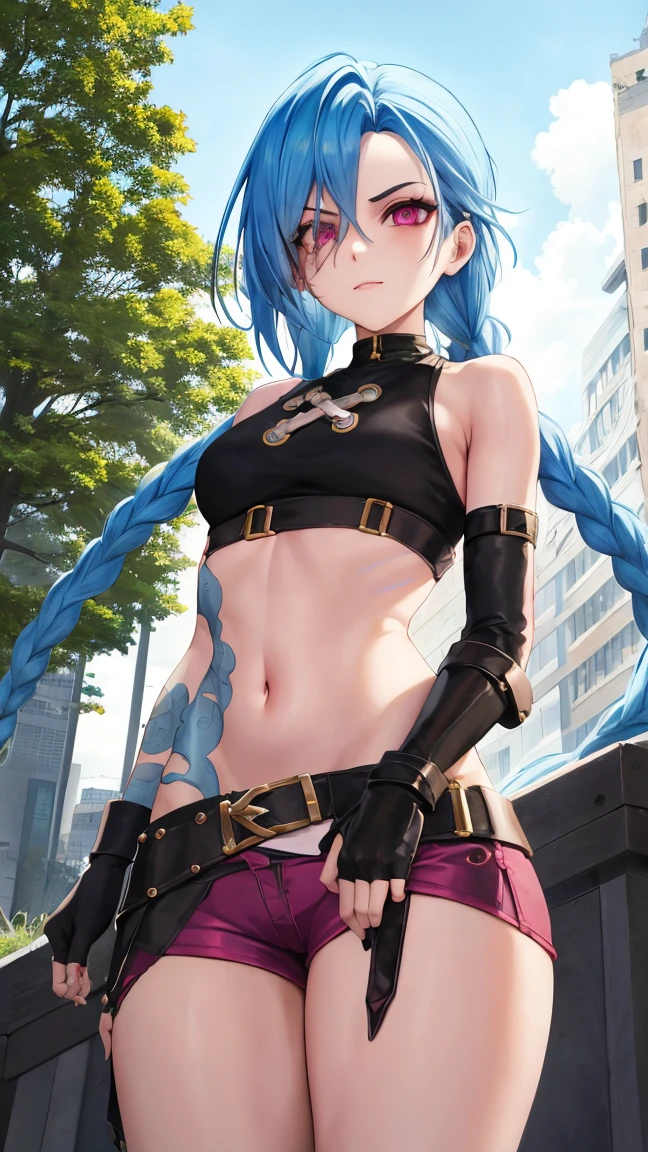 Mulher realista, cabelo azul escuro, olhos azuis, roupas azul escuro