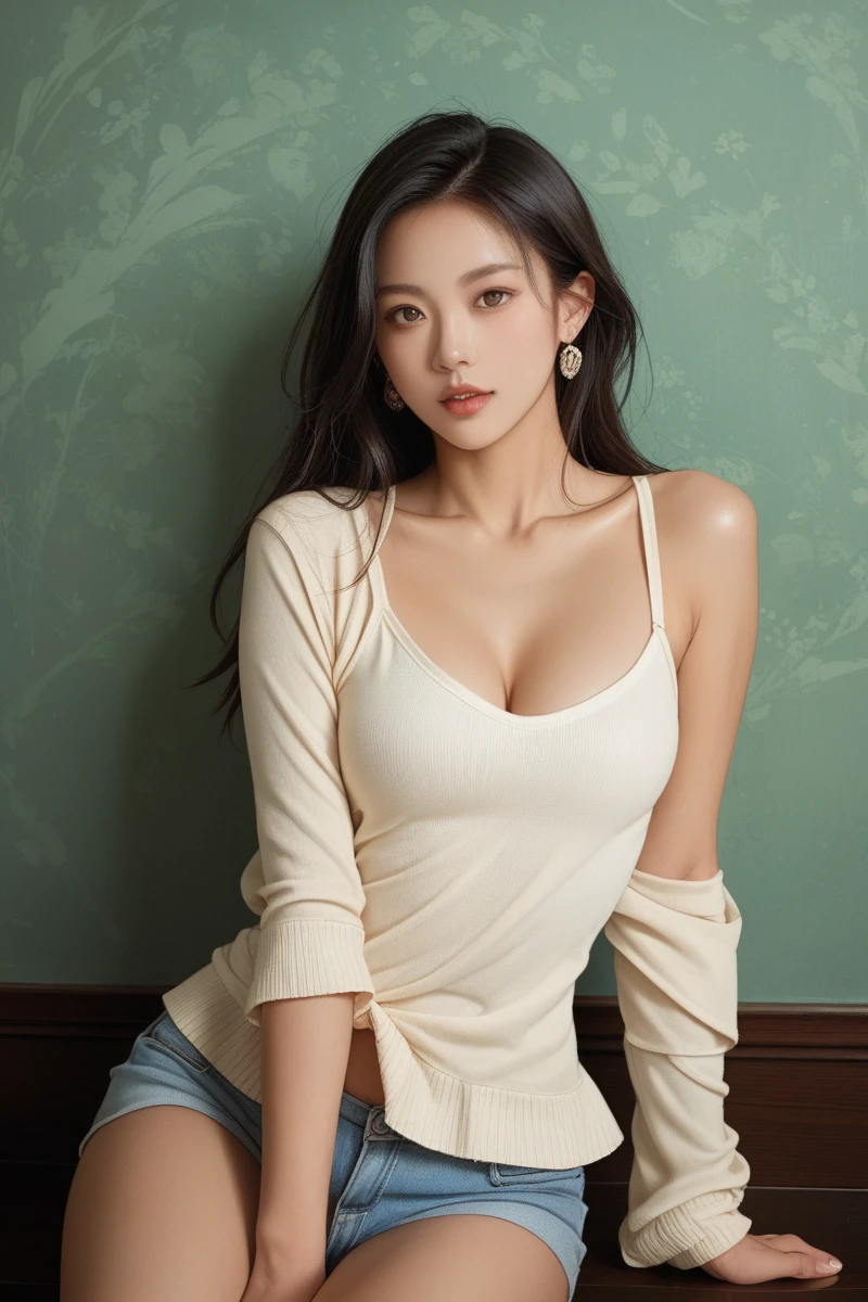 Superb, Masterpiece, Ultra High Quality, Realistic, Girl, (Beautiful Face 1.4), (Big, Constricted Waist), Long Hair, Indoors, Bokeh, Milight, Glossy Skin, Small Head, Sleeping with Two