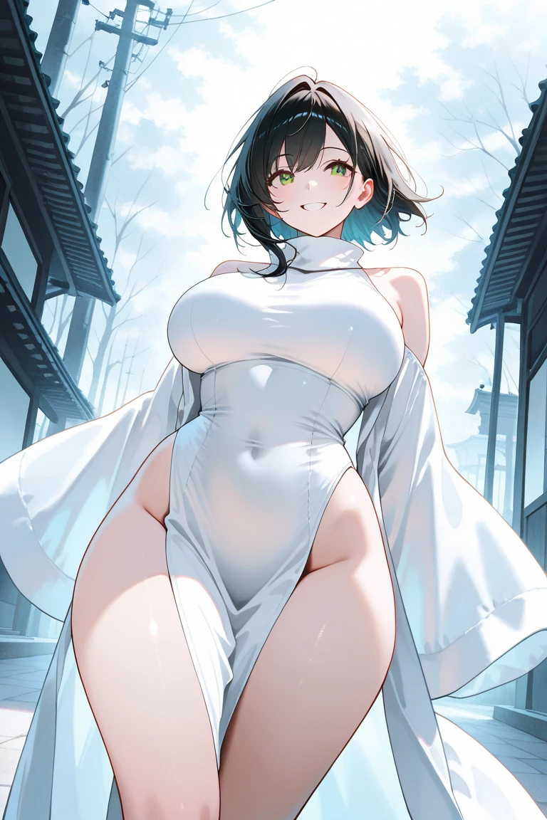 A girl stands on the rooftop of a high-rise building overlooking the late-night Tokyo nightscape.、She has a short bob with a white lob of hair and wears a large black witch hat with sapphire jewelry.、A high school student wearing a navy blue bikini-type swimsuit with a white ribbon、She wears a large witch's hat with a small sapphire accessory、A few star creams、Beautiful starry sky、Beautiful night view、large witch's hat 、Navy blue bikini pants that dig into your stomach、Small breasts、Small breasts、Navy blue swimsuit top with white frills、I see my stomach、The area around the stomach is bare skin.、Belly button、Halterneck bikini、She is wearing hot pants、She is wearing a long black coat with the front open.、Illuminated roof terrace、