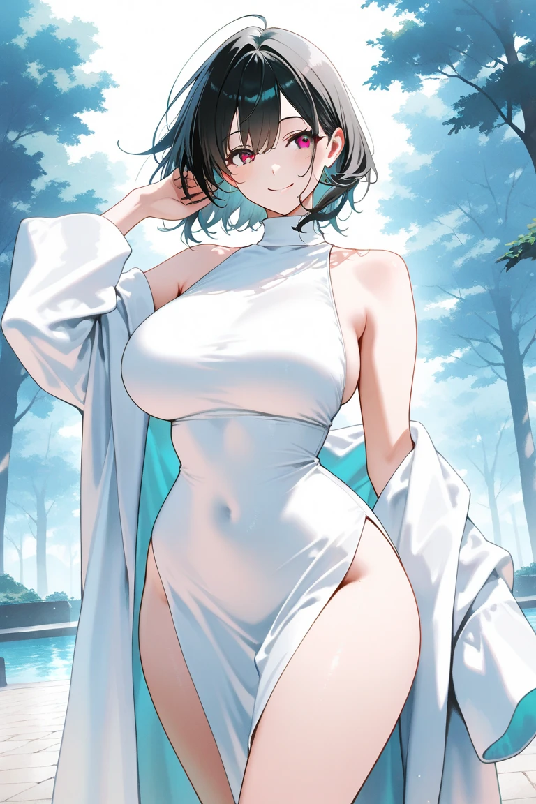 a seductive large breasted sweaty woman with white transparent leotard dancing on beach, dark skin, transparent leotard, she is smiling seductively, glowing red eyes, black curly hair, short curly hair, dancing, night sky, white leotard, tanned skin, sweaty body