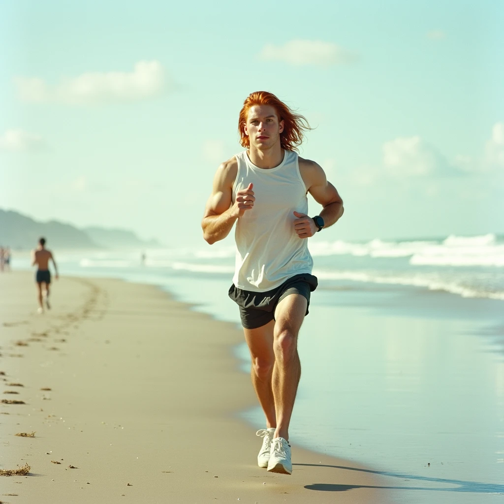 a blonde young male running on a beach, sky partially clouded, small dunes o sand