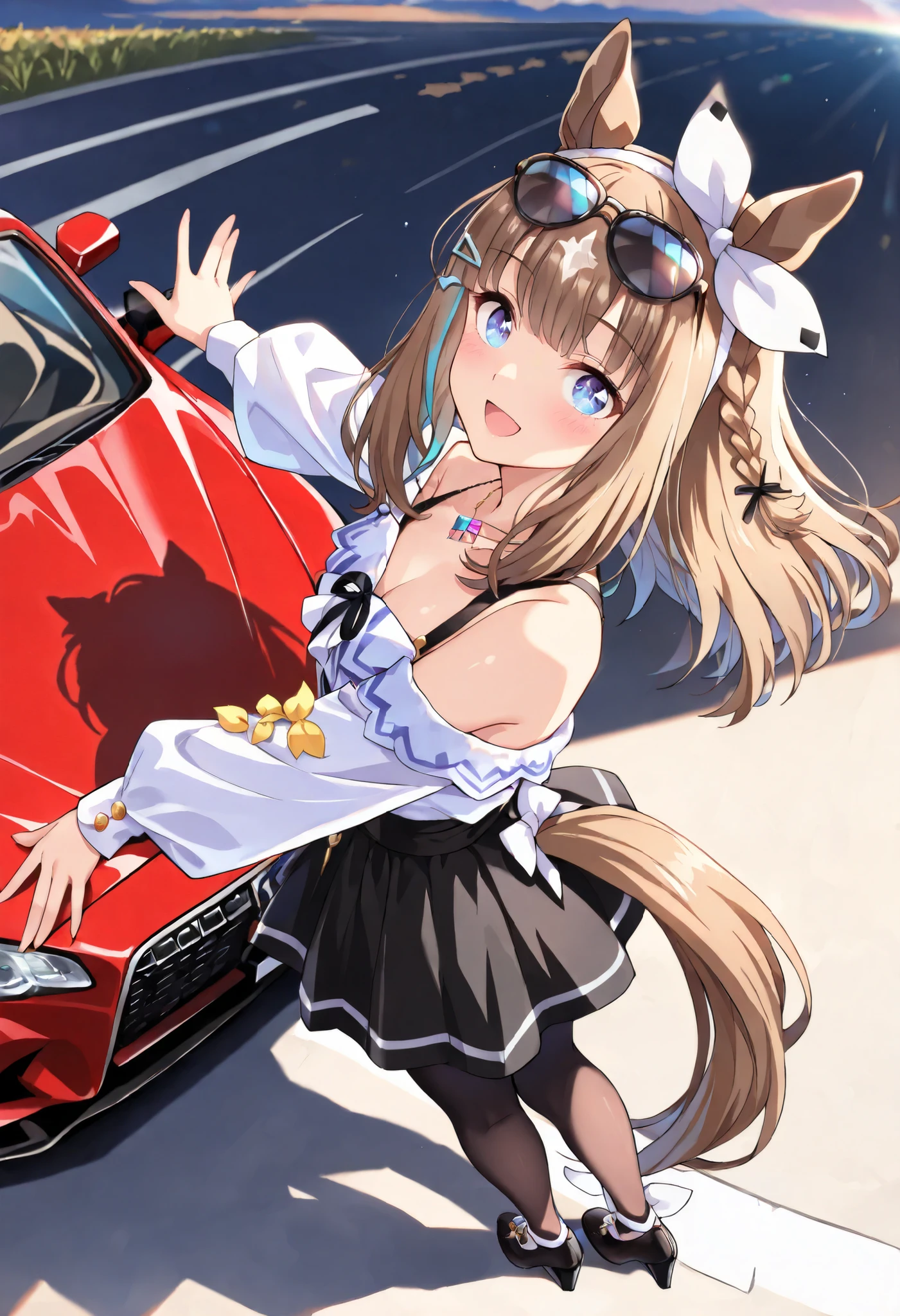(masterpiece, best quality, perfect face:1.4), wide angle, almond eye \(umamusume\), white hair ornament, horse ears, horse tail, tail on the lower back, proportional body, proportional,1 girl, beautiful hair, beautiful face, beautiful detailed eyes, beautiful clavicle, beautiful body, beautiful chest, beautiful thigh, beautiful legs, beautiful fingers, looking at viewer, BREAK, white tight blouse, black tight mini skirt, black pantyhose, black stiletto high heels, sunglasses, ear piercing, thin gold necklace, an open roof convertible red sports car is parked on the side shoulder of the hill of a coastal road in the distance, the car is red BMW M4, she is standing on the edge of the road and looking at the sea at sunset, the coast stretches wide down the hill, a hotel is visible in the distance, soft lighting, full body, from above, BREAK, blush happy smile (open mouth), one eyed closed, textured skin, realistic skin, HDR, BREAK, good hands
