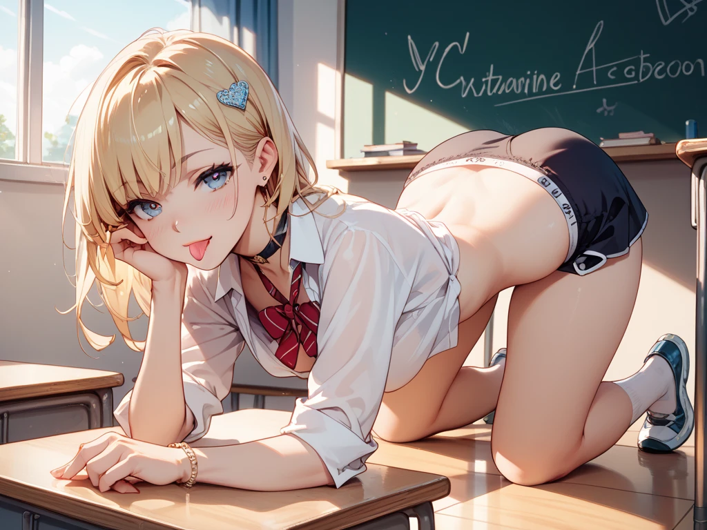 1girl, from behind, embarrassed, yellow eyes, long bangs, fluffy short pixie hair, pixie haircut, light-blonde hair, standing, medium breasts, pink lingerie bra, pink lingerie panties, neck ribbon, classroom, masterpiece quality, intricate detail, 4k resolution, ultra hd