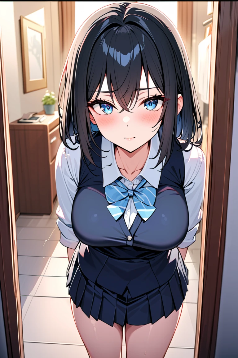 (((NSFW))), ((best quality)), ((masterpiece)), ((detailed)), (((perfect face))), (((slender 18yo teenage girl))), ((((medium breasts)))), ((((topless)))), ((((dark blue pleated skirt)))), ((dark brown hair)), ((short ponytail)), (((blue eyes))), ((shy:1.3)), ((blushing:1.5)), (((bare chest))), ((bare stomach)), ((bare shoulders)), (((bare arms))), ((((theatre stage, windows)))), (((standing))), (((arms behind back))), (((looking at viewer))), (((open front door))), ((((detailed background))))