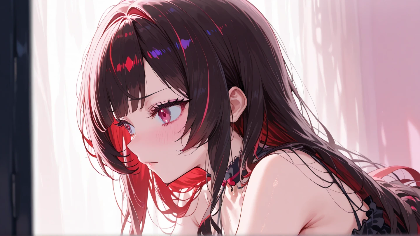 1girl, , , masterpiece:1.4, best quality:1.2, very aesthetic:1.4, super cute, shining eyes, 20-year-old, Fair skin, Black Hair, red highlights, Glowing Skin, Shiny small, Dark brown eyes, Sharp focus:1.2, Highly detailed face and skin texture, Detailed eyes, Perfect Face, Blur the background, Japanese, seductive expression:1.4, blushing, leaning forward, small breasts, casual clothes, tease