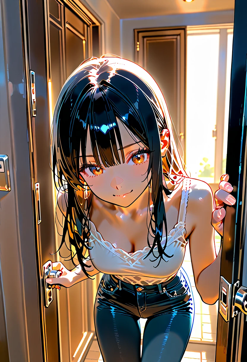 (((masterpiece) (((((Highest quality))))((high resolution))))), Very detailed, Ultra-realistic, )、、locker room、Open shirt、White Bra、White panties、Black Hair、、、Change of clothes、((Expressionless))、From above.stand、Look away、((Look down))、、Long Hair、Change of clothes中、Look Down