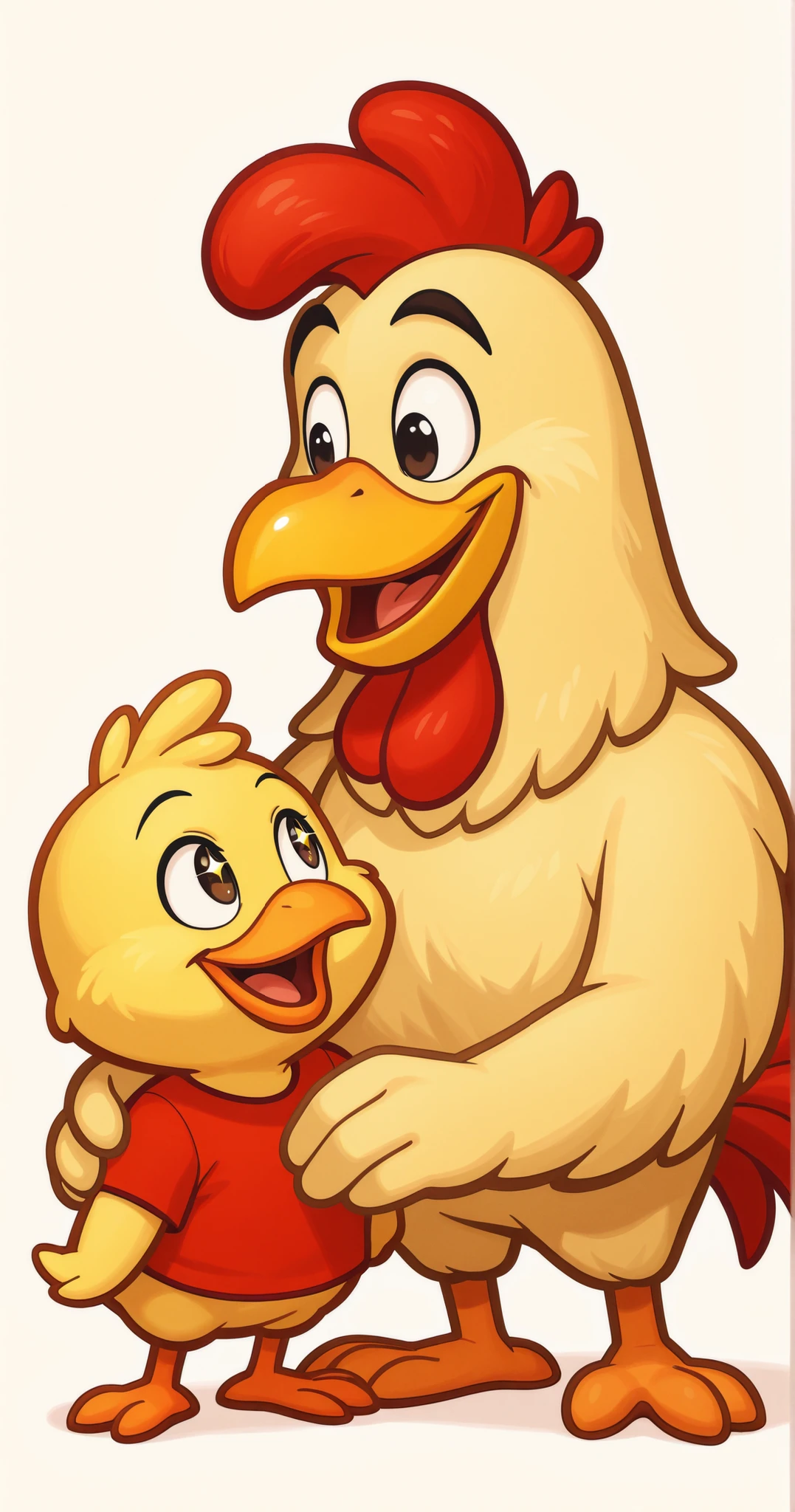 A 3d heartwarming cartoon illustration of a cute baby chick and its proud rooster father. The baby chick wears a bright red t-shirt, looks happy, and has a big smile with wide, sparkling eyes. The rooster father is tall and strong, with a large red comb, a yellow beak, and a fluffy cream-colored body. The father gently places one wing over the chick, smiling down at it with a joyful expression. The scene is bright, colorful, and full of warmth, with a simple light background that enhances the characters. The art style is soft and rounded, similar to classic Disney cartoons or Looney Tunes, with bold outlines and bright colors.