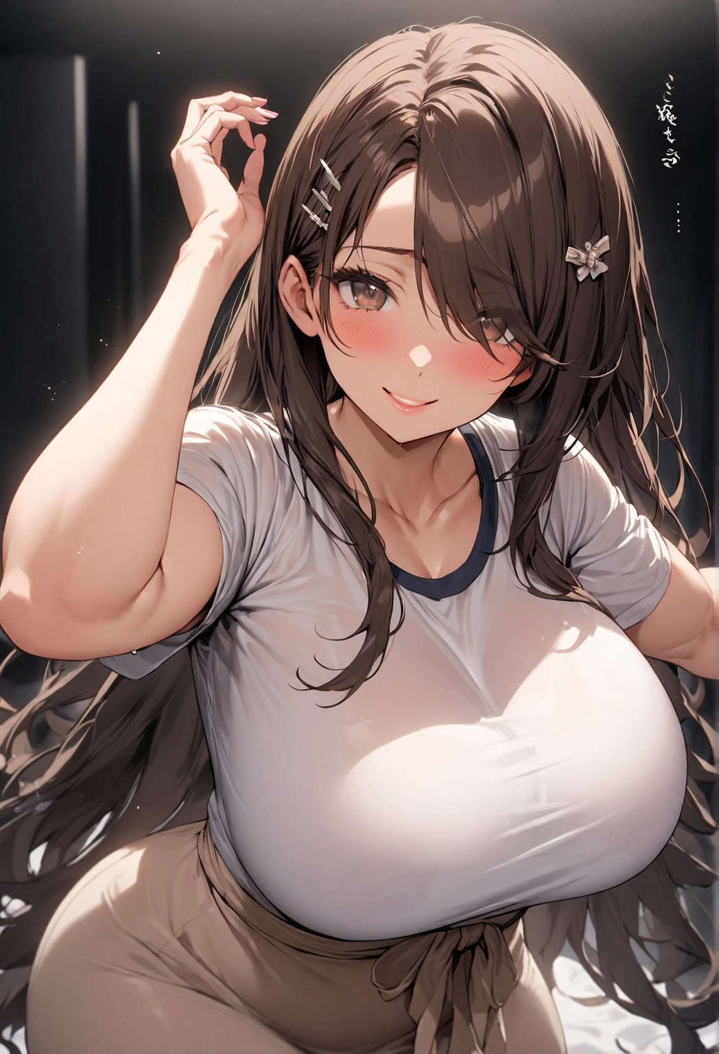 (masterpiece,High resolution,high quality,Very detailed,8K),(((Mature Woman,40 years old,mother,Voluptuous body))),(((Perfect Eyes,Fine grain,Beautiful Eyes,thin droopy eyes,Brown eyes))),(((Very large breasts:1.5))),(((Bursting Breasts:1.5))),(Fine hand),(((blush,Shame,Troubled face,Sensual look))),(brown hair,Show your forehead),,((Lying on the sheets,Looking at the camera,Raise your arms)),(((Sleeveless sweater)),(((looking down from the front,Upper Body))),