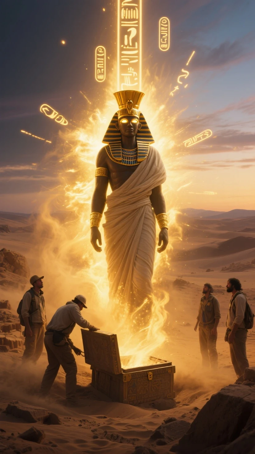 Egyptians and aliens built the pyramids. With cutting-edge technology A flying saucer shines down on the pyramid.
King Pharaoh and Creophraratran sat on the throne.
There are two Sophinks sitting next to each other in the desert.