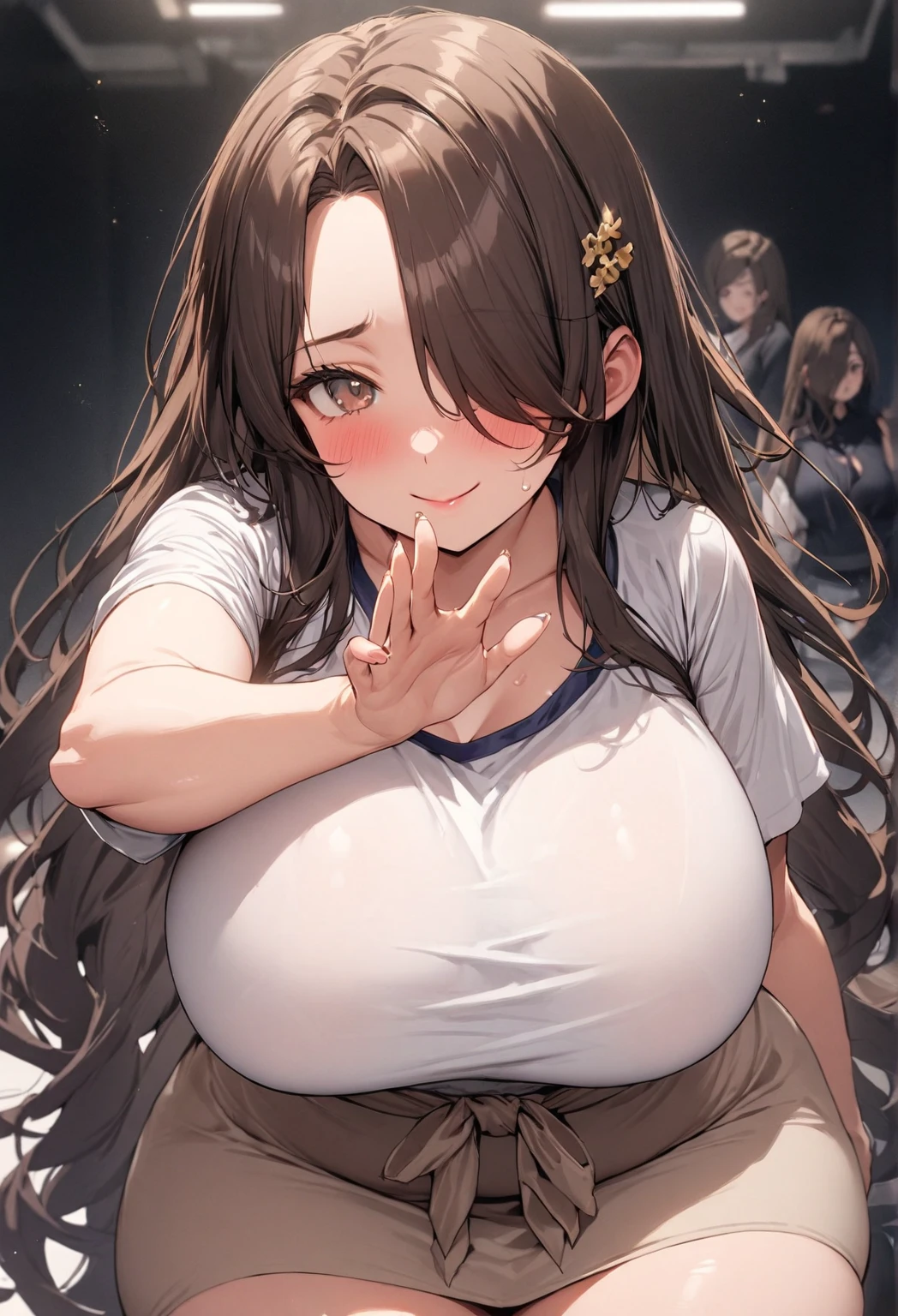 kurokoshirai, kuroko shirai, Brown Hair, Long Hair, (Parted bangs:1.5), (Brown eyes:1.7), Ringlet, Twin tails, hair bow, bow, red bow, (Big Breasts:1.5),
break,Gym clothes and bloomer-style leotards,  Twin tails、
break looking at viewer, , whole body,
break indoors, School、
break (masterpiece:1.2), highest quality, High resolution, unity 8k wallpaper, (shape:0.8), (Beautiful and beautiful eyes:1.6), Highly detailed face, Perfect lighting, Highly detailed CG, (Perfect hands, Perfect Anatomy),Big smile:1.3、blush:1.3、Sweat on the face:1.5、Sexy pose、(Touching the breasts with hands through the clothes:1.5)、Kuroko Shirai is brainwashed and forced to masturbate、Grinning mouth、Sweaty、The women are having a pleasant conversation.