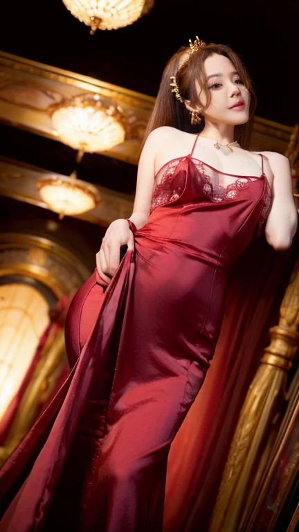realisitic, 1girl, FULL BODYSHOT、enticing eyes, radiant eyes, cut top, doress, cparted lips, red blush, natta, suns, suns, busty girl, Fashion costumes, Female sexy, (Red Carpet Dress with Lace Embroidery:1.5), Dresses that show through underwear、Professional clothing