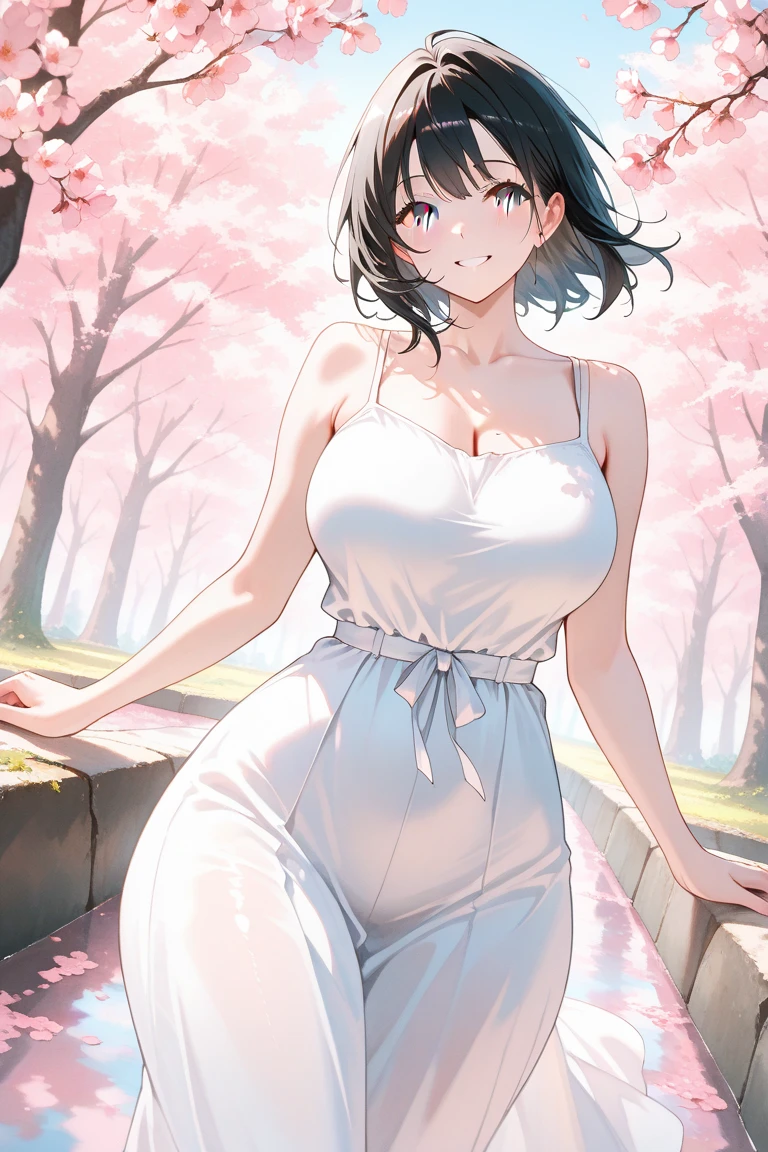 ((Split-color hair, black hair, green hair)), green eyes,white dress,short hair, high quality, masterpiece, best quality,open mouth, thick thigh, medium breasts, sunhat ,smile, outdoors, small breasts 