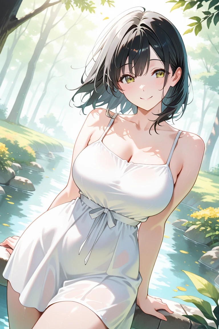 1girl,   bangs, bent over, blush, breasts, bush, cleavage, collarbone, day, foliage, grass, large breasts, leaning forward, (no bra:1.2), looking at viewer, open mouth, outdoors, plant, see-through, shirt, solo, standing, tree, wet, wet clothes, wet shirt, (mizugiFA210:1.2),