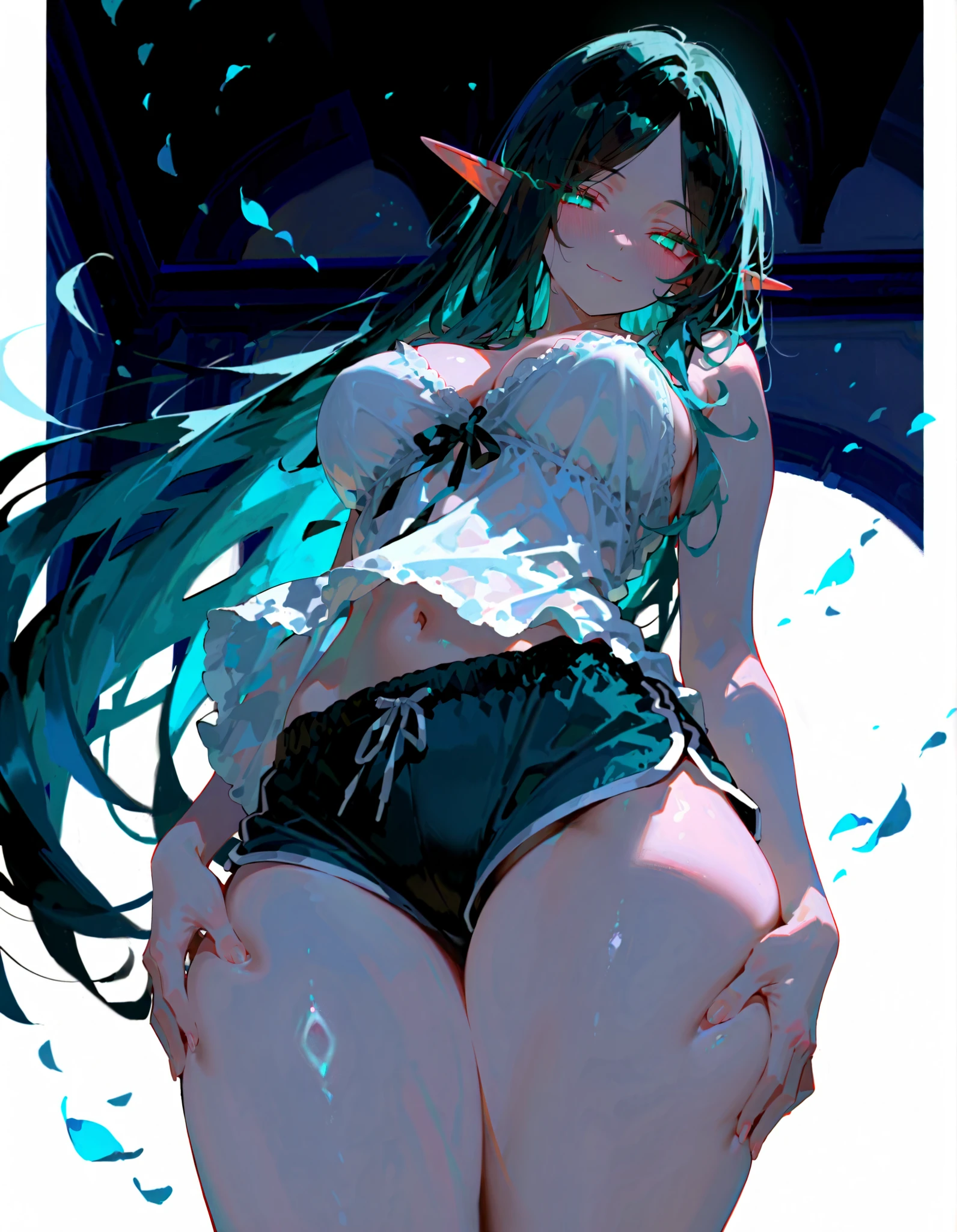 realistic image, detailed image, coherent image, 1 beautiful elf, has very long hair, black hair, turquoise eyes, smiling, she is wearing an edgSD dress, showing her legs, She has a curvy body, medium breasts and thick thighs, She is walking, sensually posing, arching back, sprouting breasts, full body view, falling flower petals, background surrounded by flowers, soft focus, dramatic shadows, volumetric lighting, natural lighting, artificial lighting, white background, soft background, edgSDress