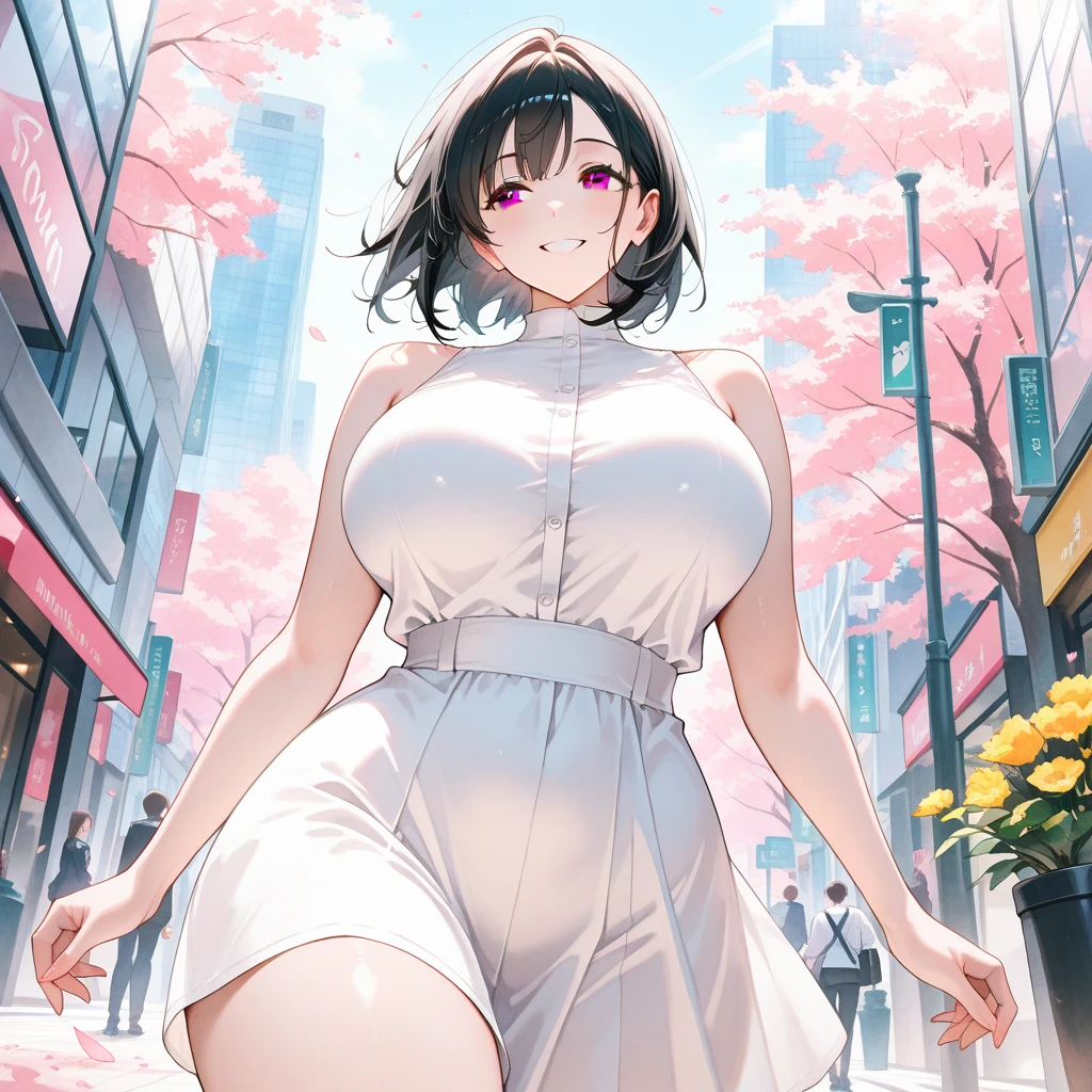 outside，bustling street，A girl wearing a see-through white dress with lace that clearly shows her nipples，Shorthair twin tails，Purple Hair，Wide forehead，No bangs，Open your mouth，dance，Get the attention of the crowd，Off-the-shoulder tube top dress