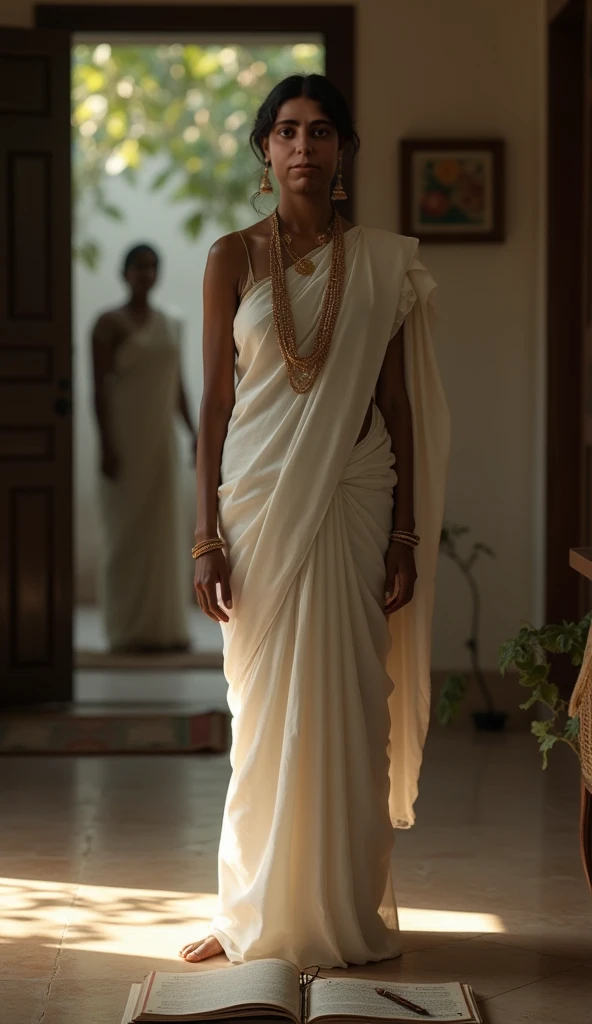 Kerala style girl walking on ramp wearing  white traditional saree with  blouse and having a white garlet on her head with white small Jasmine flowers and holding a small hanging basket made with gold filled with red flowers of visiting to kerala temple 