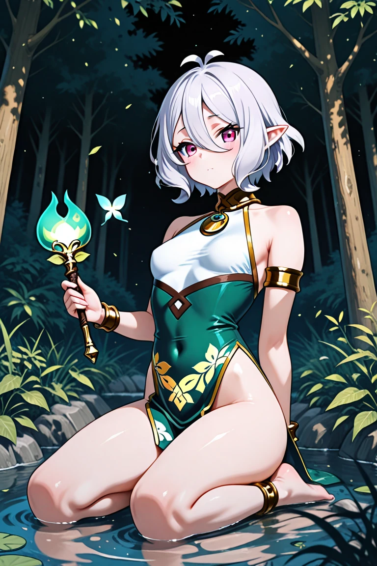 ((masterpiece,best quality)), absurdres, <lora:Lily_Everhart_v2:0.8>, Lily_Everhart, white hair, looking at viewer, smile, hair ornament, dress, bare shoulders, jewelry, medium breasts, closed mouth, collarbone, earrings, detached sleeves, choker, pink eyes, see-through, black choker, green dress, see-through sleeves,  solo,  looking at viewer,  underwear, panties, ass, thighs, earrings, detached sleeves, looking back, from behind, bracelet, see-through, hand on hip, black panties, see-through sleeves