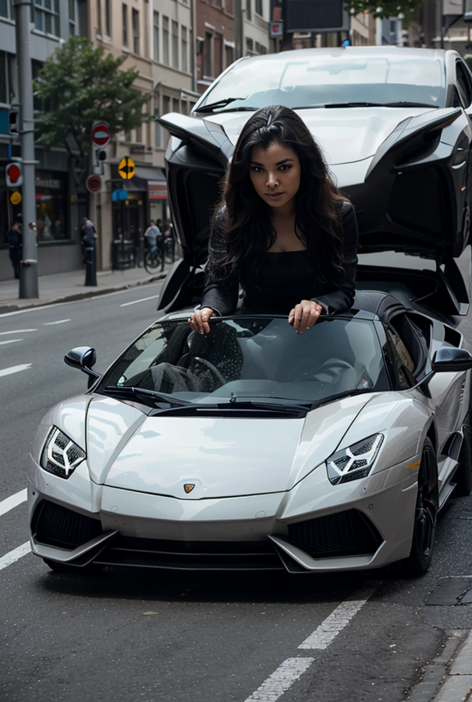 Attractive and healthy supermodel standing in front of a black Lamborghini
