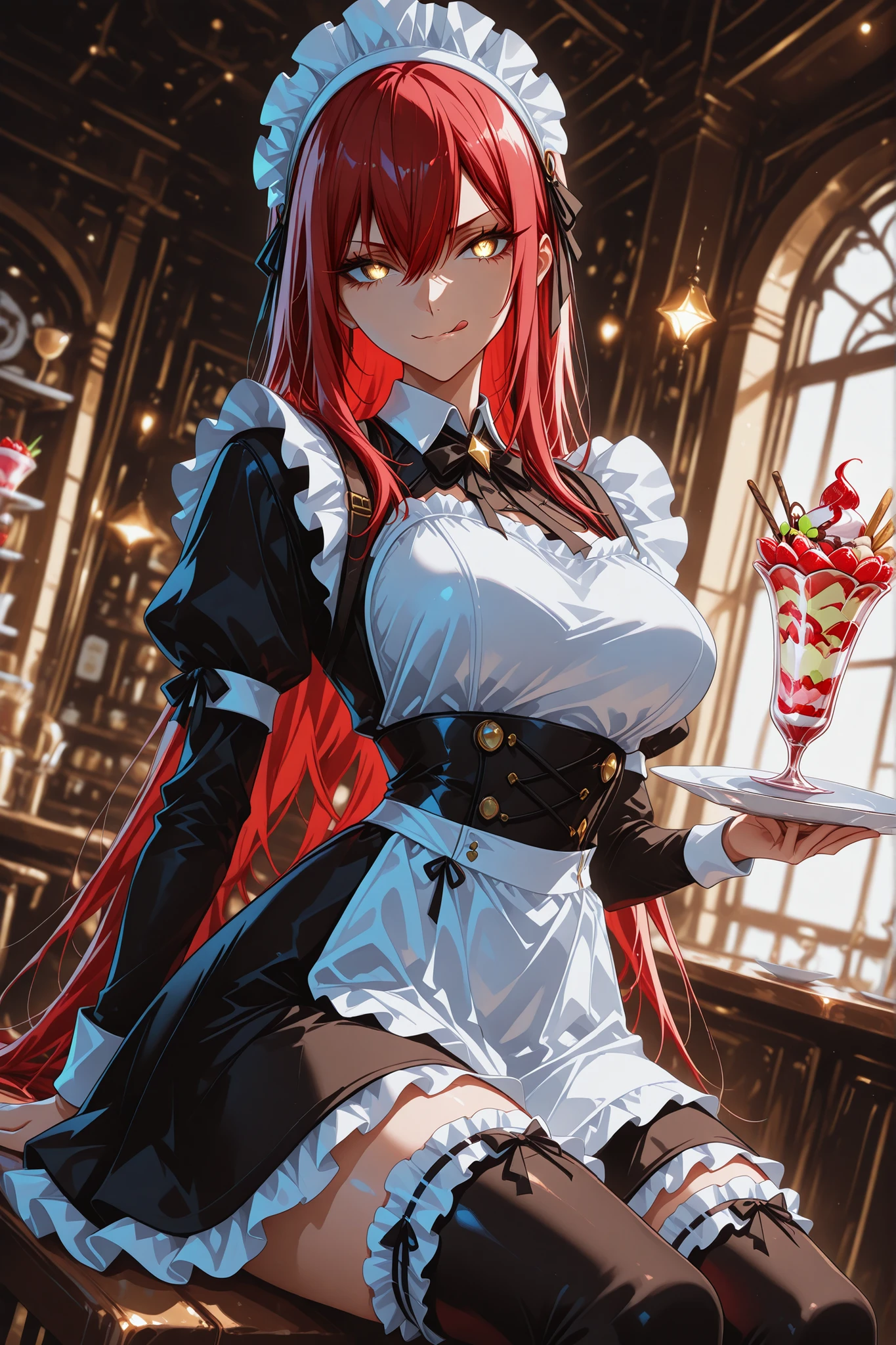 ((anime coloring:1.25)), 1 woman, golden eyes , very long hair , long sidelocks, red hair , half upon, mediumlarge breasts , petite , very cute , beautiful ,Straight hair, cool, handsome, hair between eyes,
, evil smile, maid, maid outfit, ta fashion, maid headdress, frilled dress, ribbon dress, frilled thighhighs, bare shoulder, layered skirt,
holding plate, cute parfait on plate, sitting, licking lips, maid cafe
(((dynamic pose, dynamic angle))), dutch angle, scenery