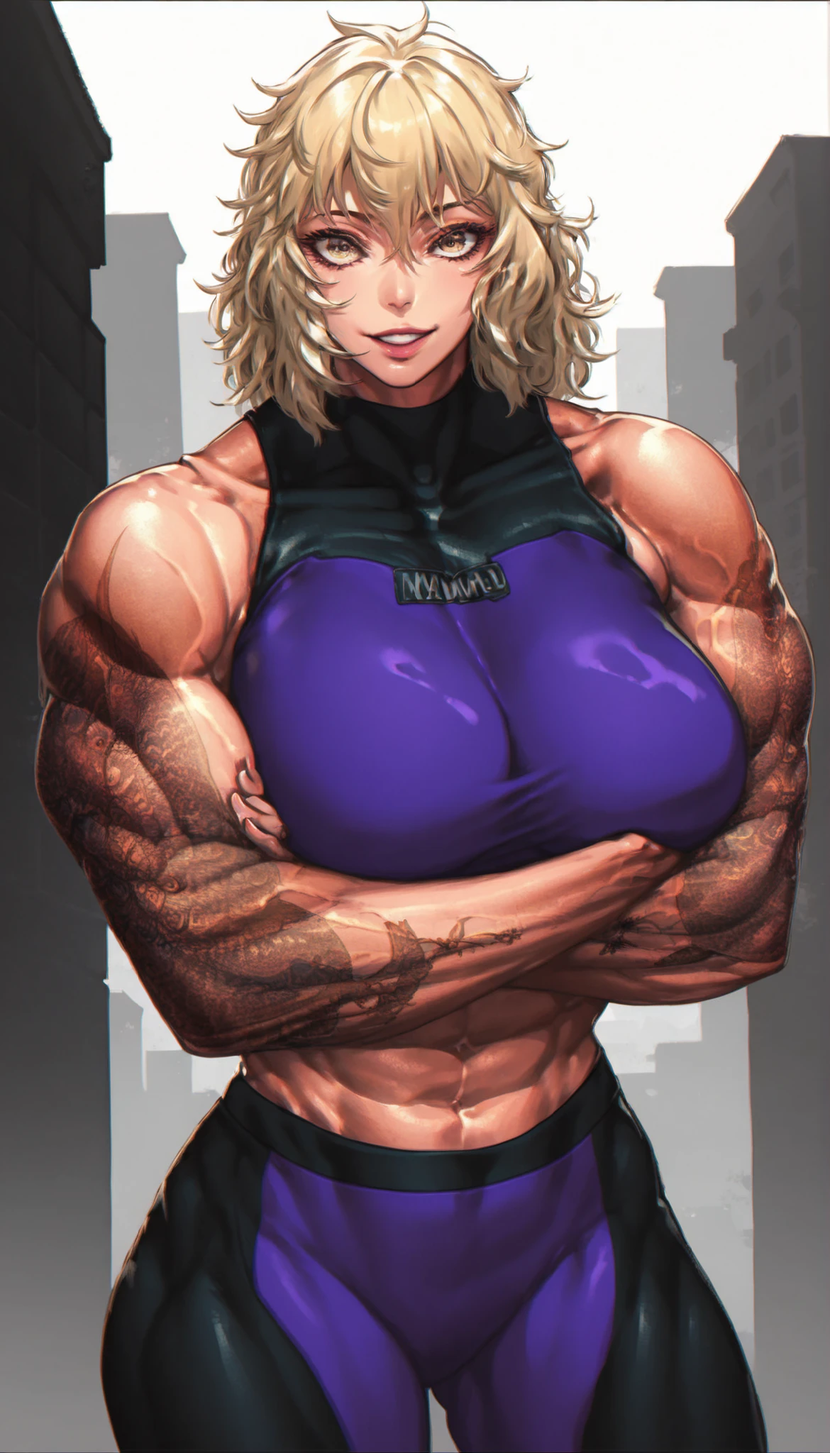 26 year old woman, brown skin, purple eyes, blonde hair, big breasts, muscular, wearing sports clothing 