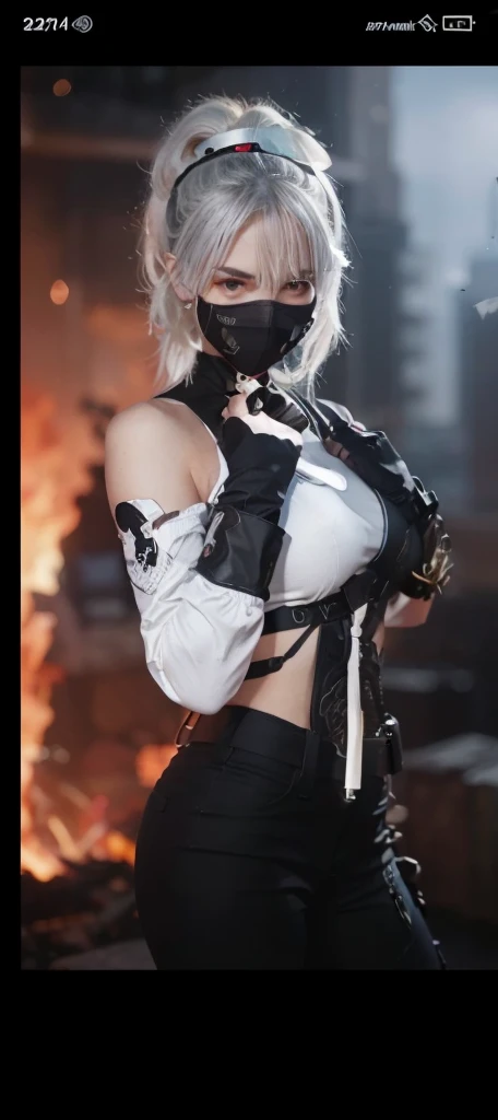 Real photo, extremely realistic. a woman dressed as a ninja with a bunny hood. He has silver hair and carries a katana. In the background you can see some skulls made of smoke.