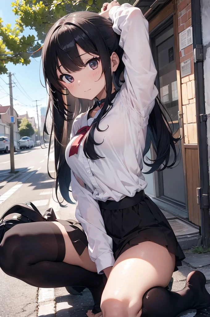 highest quality、one beautiful woman、beautiful big breasted woman、medium hair woman、(brown haired woman:1.3)、((A woman wearing a black see-through top:1.3))、(((woman wearing a red miniskirt:1.3)))、woman wearing black knee socks、street tree、sexy pose、smile