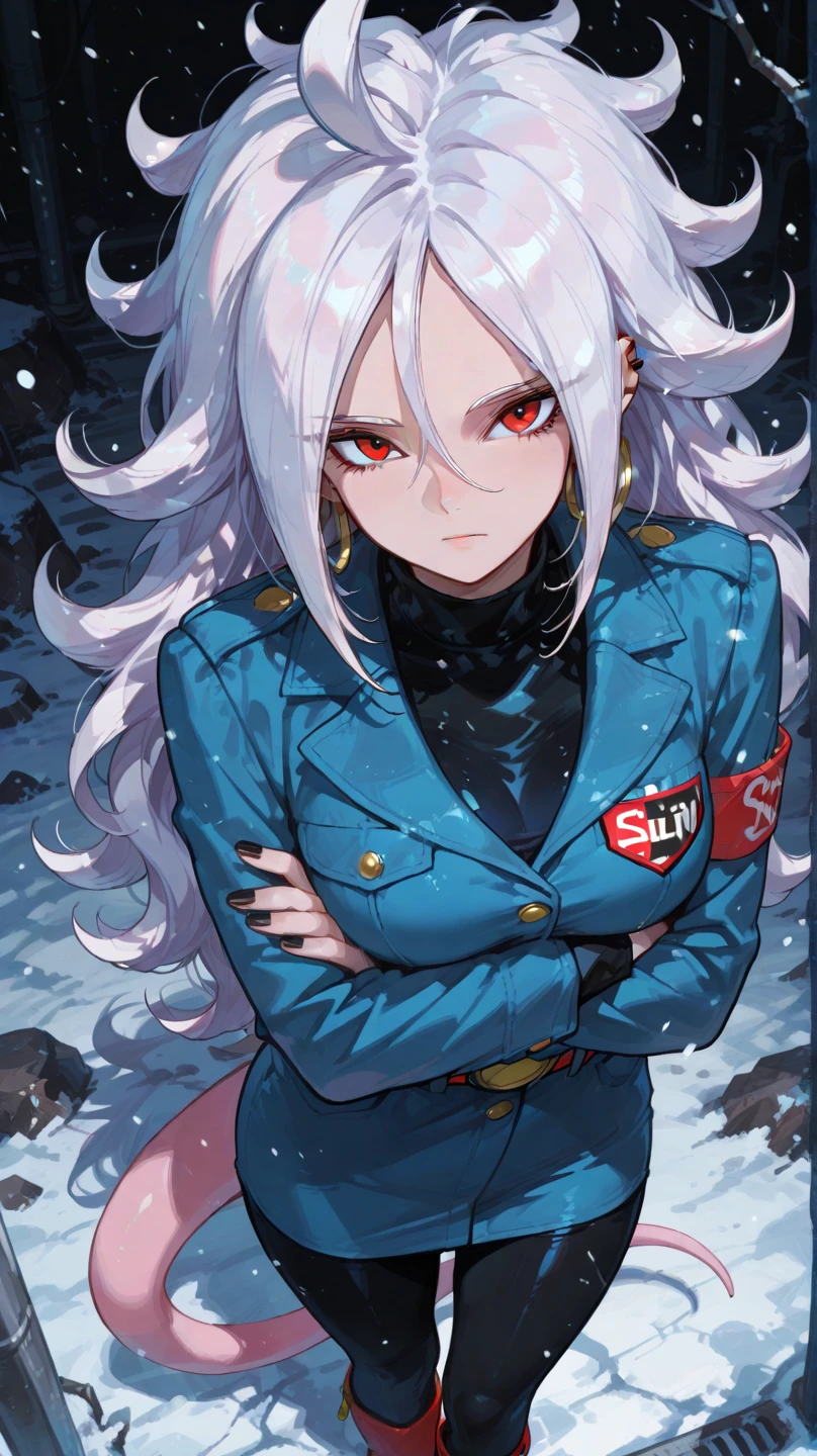 Angry woman, big breasts, red jacket, scar on her face, smile on her face, blue eyes, cigarette in her mouth, black nails