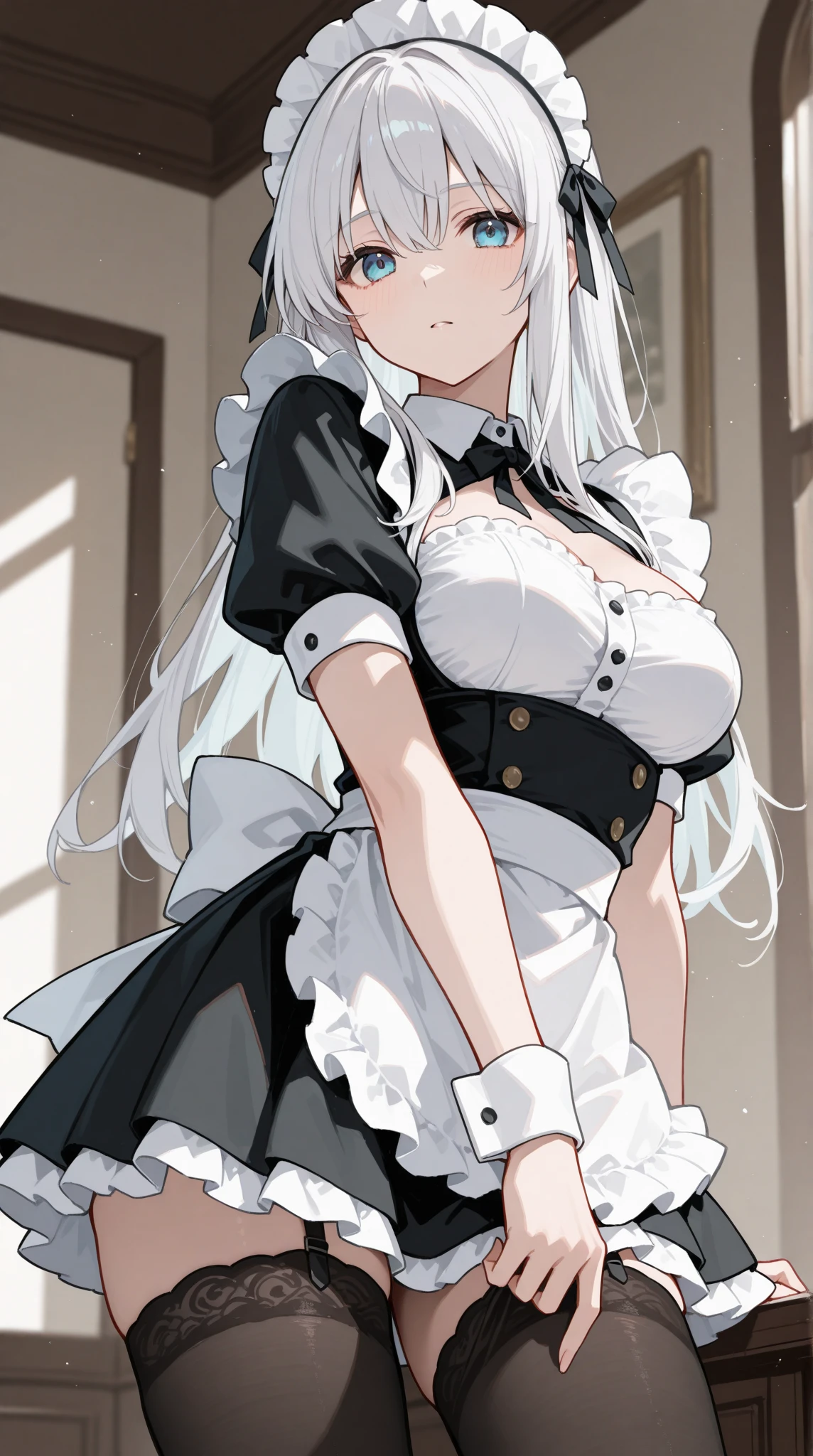 (in hotel, masterpiece, best quality:1.2), maid, 1girl, (holding baby, hold infant), waving hair, ((dark side, elbow gloves))