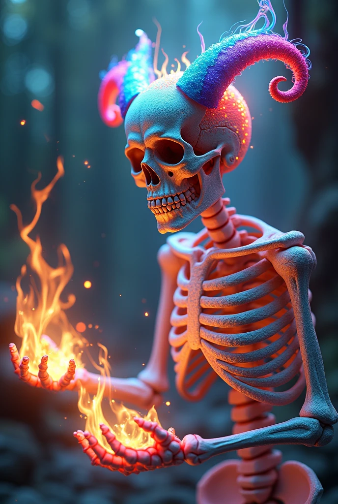 zkeleton, creepy, A lively joy spirit, radiating with bright colors, spreading happiness wherever it goes.<lora:EnvySpiritXL02-creepy:0.6><lora:zkeleton-sdxl:0.6>